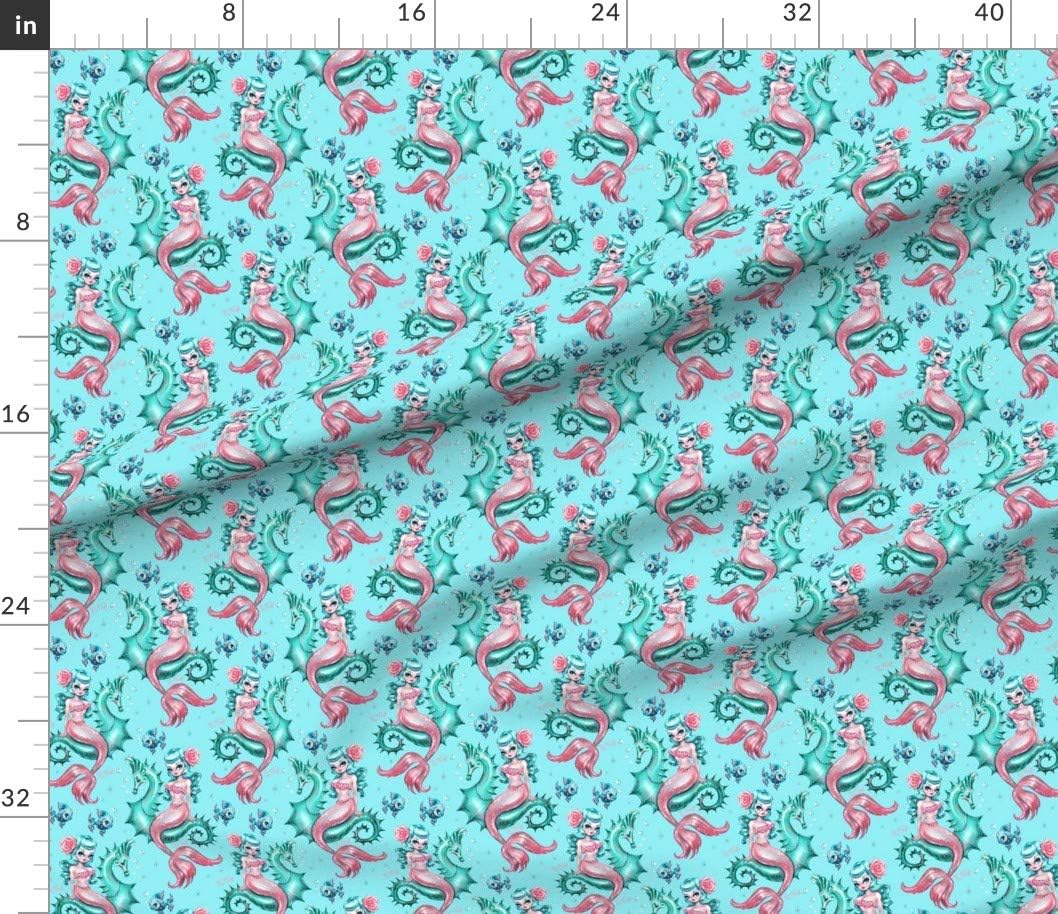 Spoonflower Fabric - Mermaid Blue Small Vintage Retro Mermaids Seahorse Nautical Sea Printed on Petal Signature Cotton Fabric by The Yard - Sewing Quilting Apparel Crafts Decor