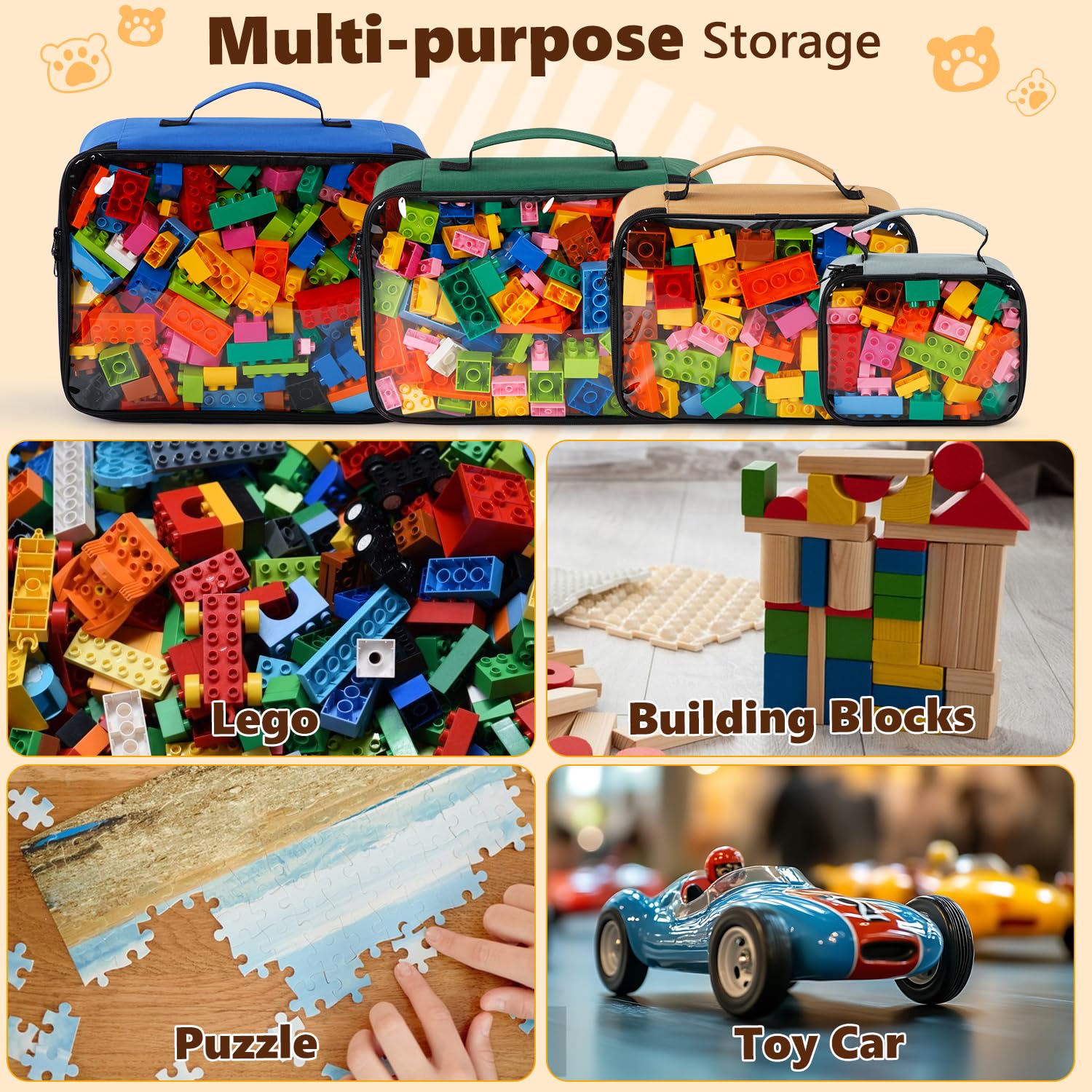 6 Stück Transparente Spielzeug Aufbewahrung mit Anleitung Beutel und Tag-Tasche, 4 Größen | Reisespielzeug-Organizer für Lego, Spielzeugautos, Puzzles,Blöcke (Naturtöne)