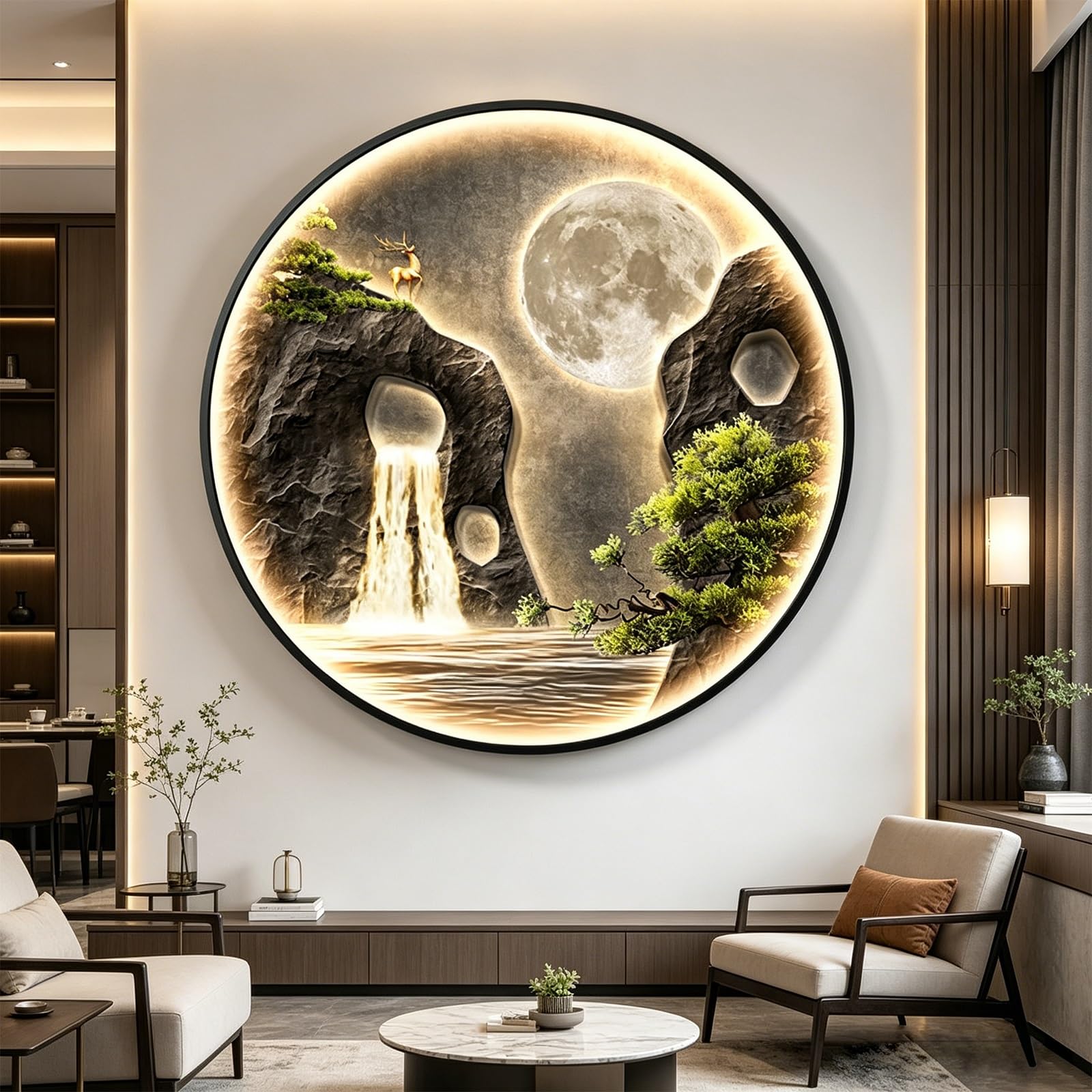 Round Mountain Waterfall Crystal Glass Wall Art, 3D LED Backlit Landscape Painting with Aluminum Alloy Frame Plug in Lighted Decor for Living Room Bedroom Entrance(Gold,C,70*70cm/27.6*27.6in)