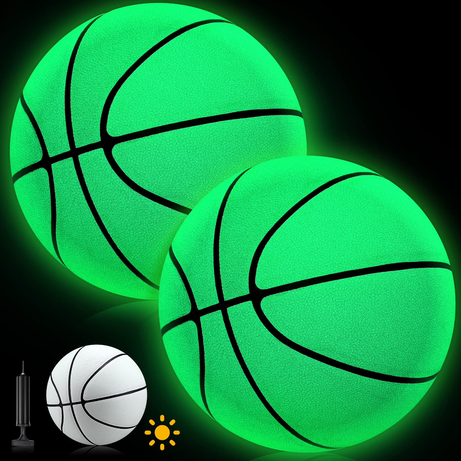 2 Pcs Glow in The Dark Basketball Official Size 7 PU Leather Light-up Street Basketball with Pump Back to School Sport Gift for Men Women Child