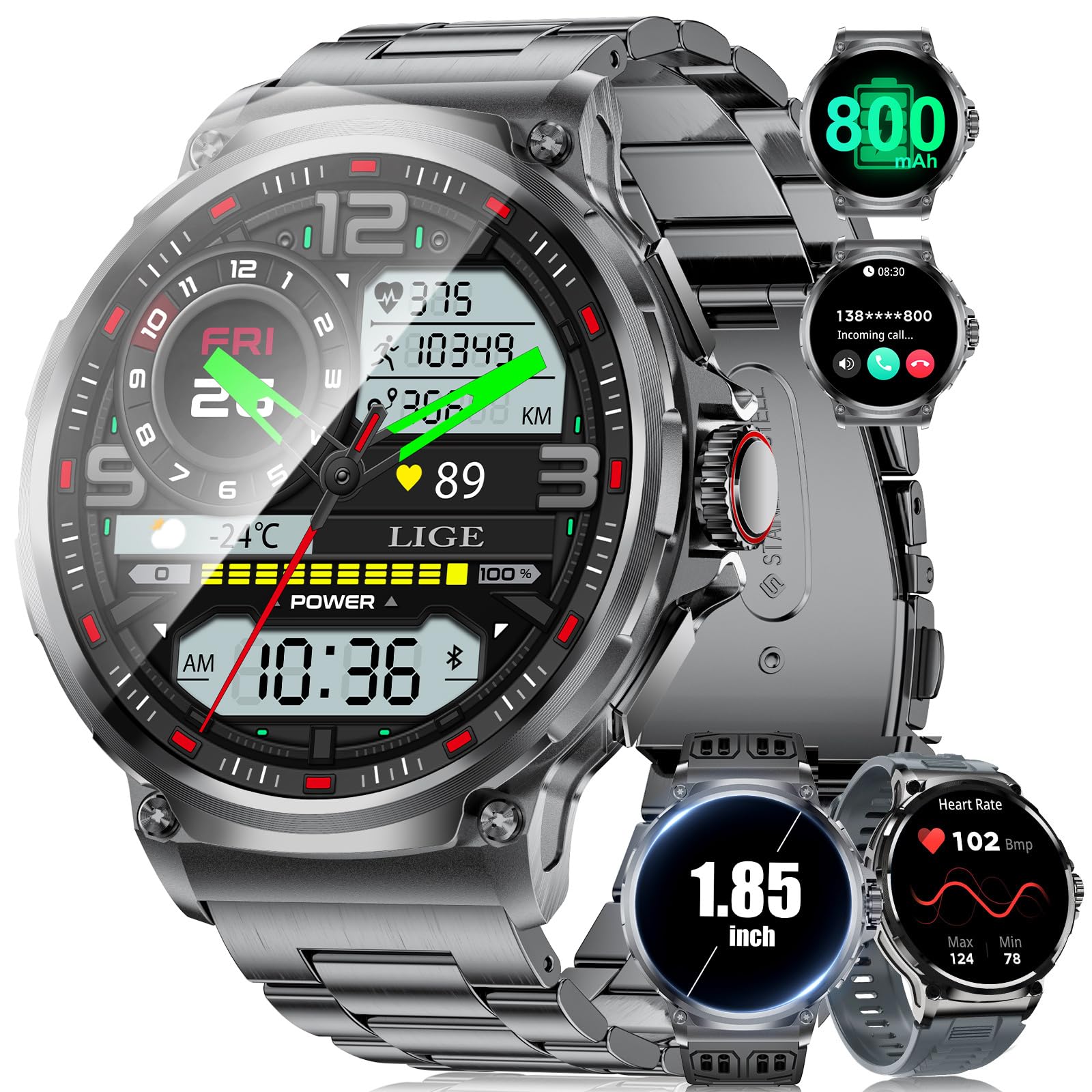 SUNKTA Smartwatch Uomo con 3 Cinturini,800 mAh,1.85" Orologio Smart Watch Militari con Chiamata Bluetooth,123 Modalità Sportive 5ATM Impermeabile,Sonno/Cardiofrequenzimetro per Android iOS