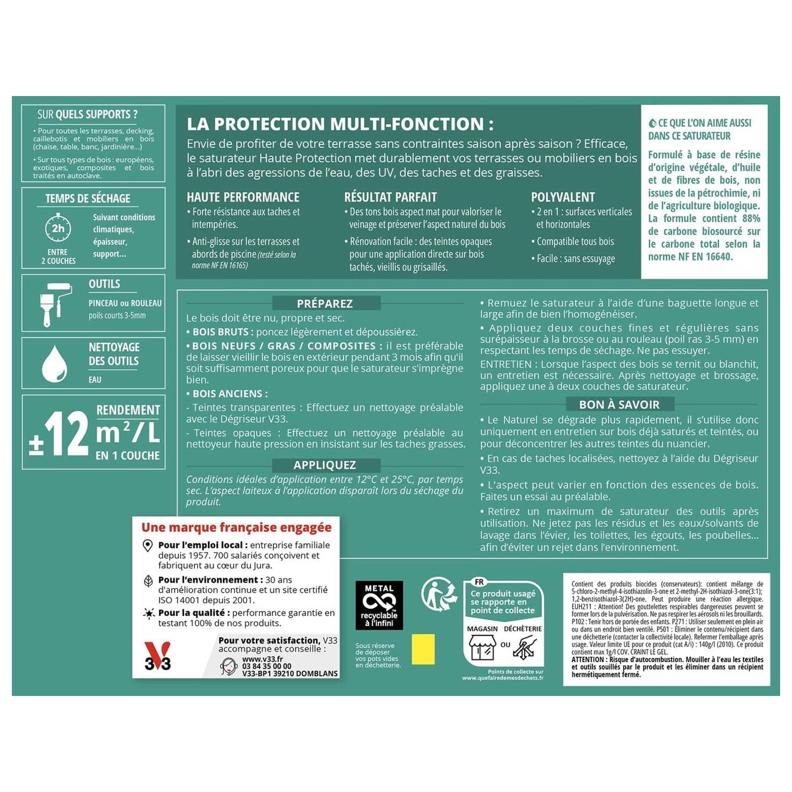 V33 Saturateur bois extérieur Naturel mat 5L - Haute résistance eau chlorée, UV et graisse - Sans essuyage et non glissant