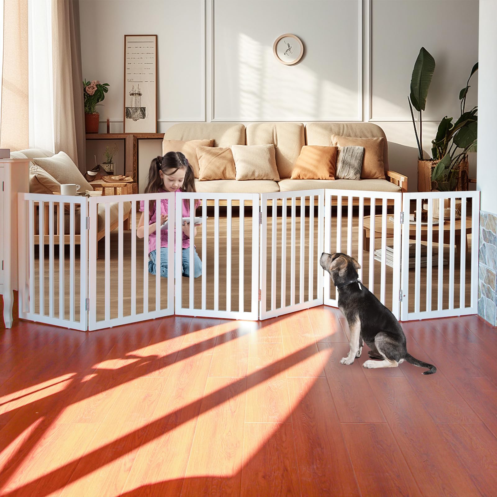 zjsf freestanding indoor dog gate for house foldable wood white puppy gate for doorways pet gate for stairs extra wide pet fence 28" height 6 panels