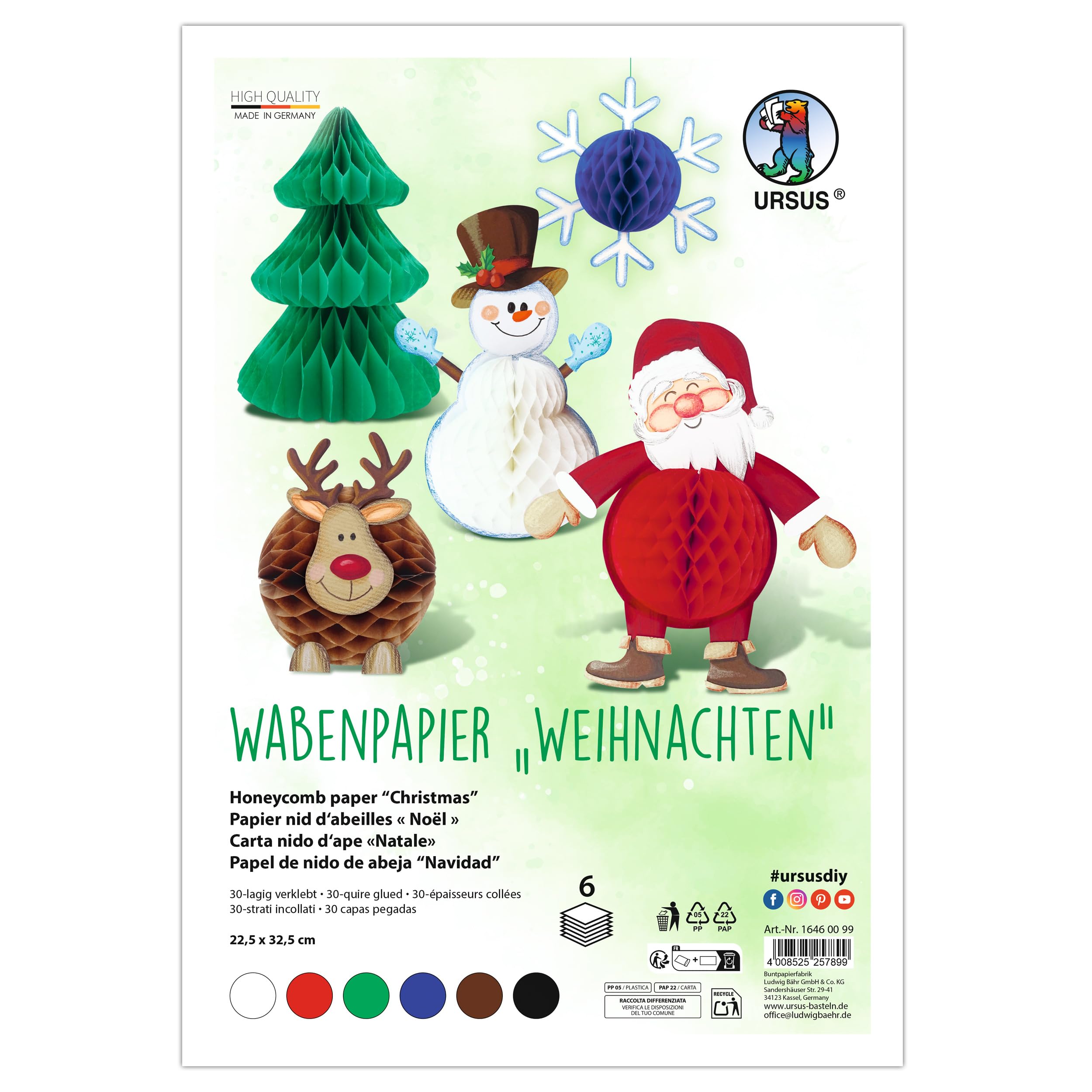 Ursus 1646 00 99 Honeycomb Paper Christmas, 6 Pieces, Approx. 22.5 x 32.5 cm, 30-Ply Glued, Craft Paper with Honeycomb Structure, Craft Set for Decoration and Figures