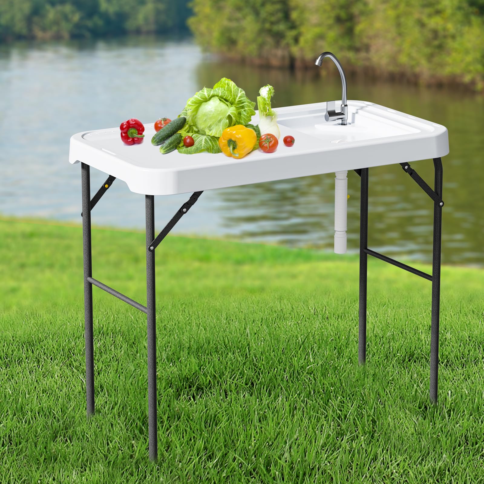 Linkriseed Folding Fish Cleaning Table with Sink, Portable Camping Sink Table with Measure Mark, Drainage Hose and Knife Groove, Outdoor Fish Fillet