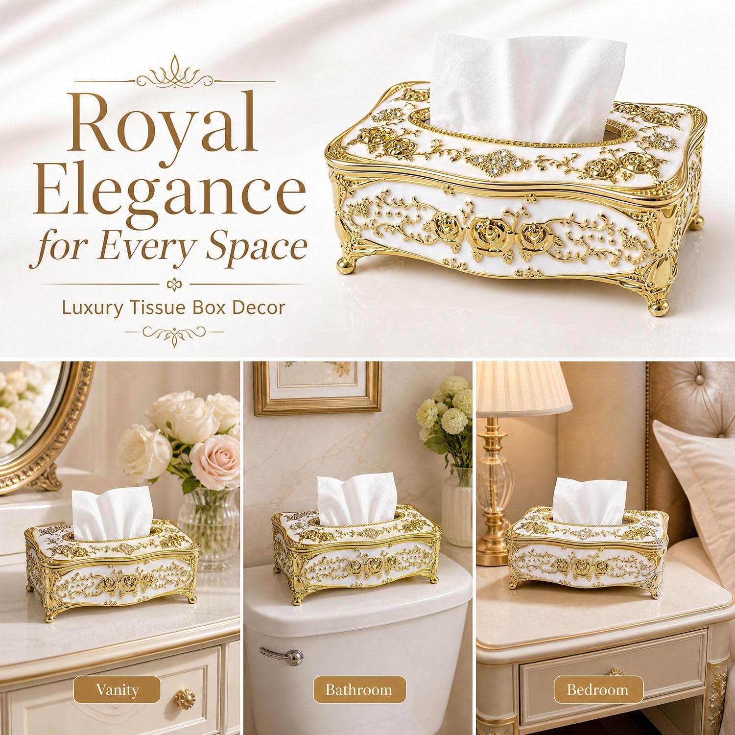 Bling Rhinestone Tissue Box Holder,Luxurious European Style Rose Tissue Box Cover for edroom,Office,Bathroom,Home,Travel,Restaurant(Gold&White) 1