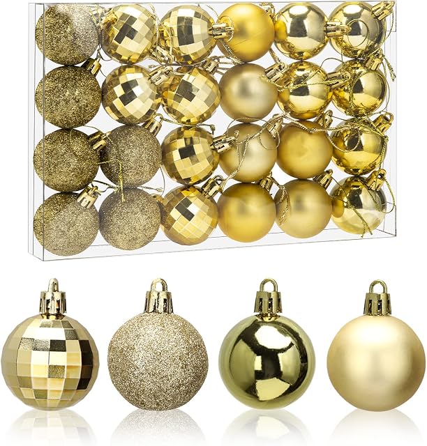 Aitsite Christmas Baubles 24 Pcs Christmas Tree Decoration Shatterproof Xmas Tree Baubles 4CM Mini Christmas Hanging Ball Decoration Ornamentsl for Home Festival Party Decoration (Gold)
