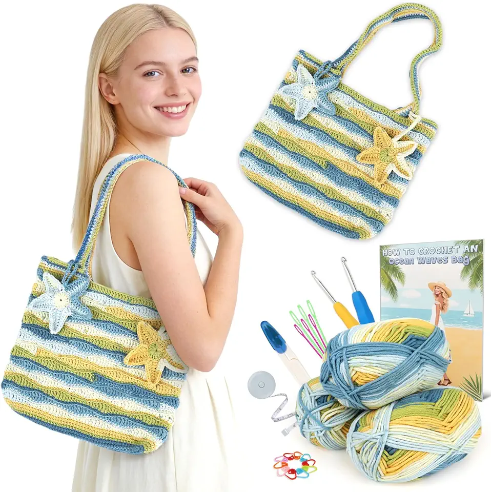 Reessy Kit de bolsa de crochê para iniciantes – Bolsa de ombro listrada de sal marinho kit DIY com fios, ganchos e ferramentas – Livro de instruções passo a passo + tutorial em vídeo QR – Bolsa de
