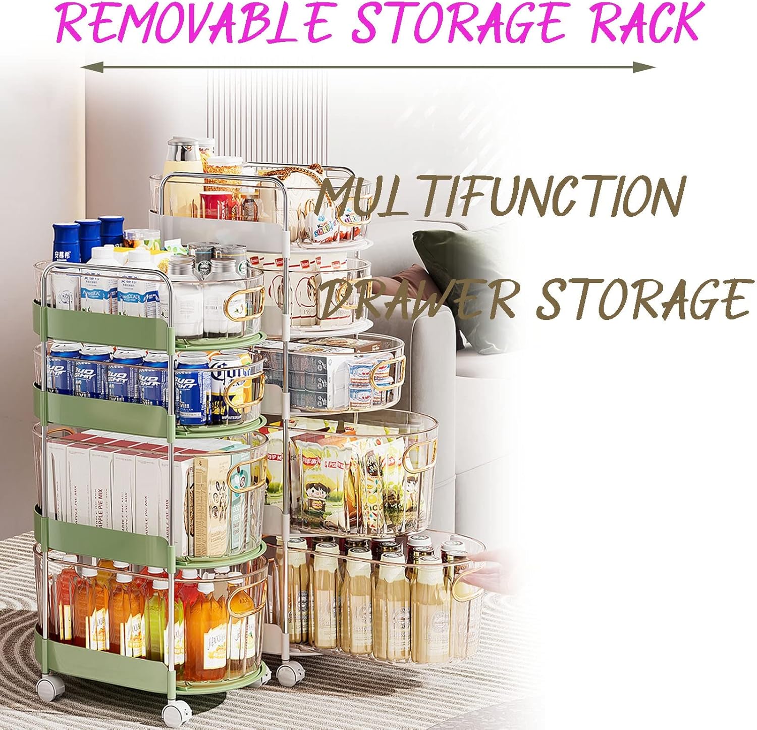 Metal Storage Carts for Home Kitchen Bar, Storage Rolling Cart with Wheels, White, 61x40x24cm, Brake Universal Wheels, Easy to Move, Removable Hook, for Kitchen, Living