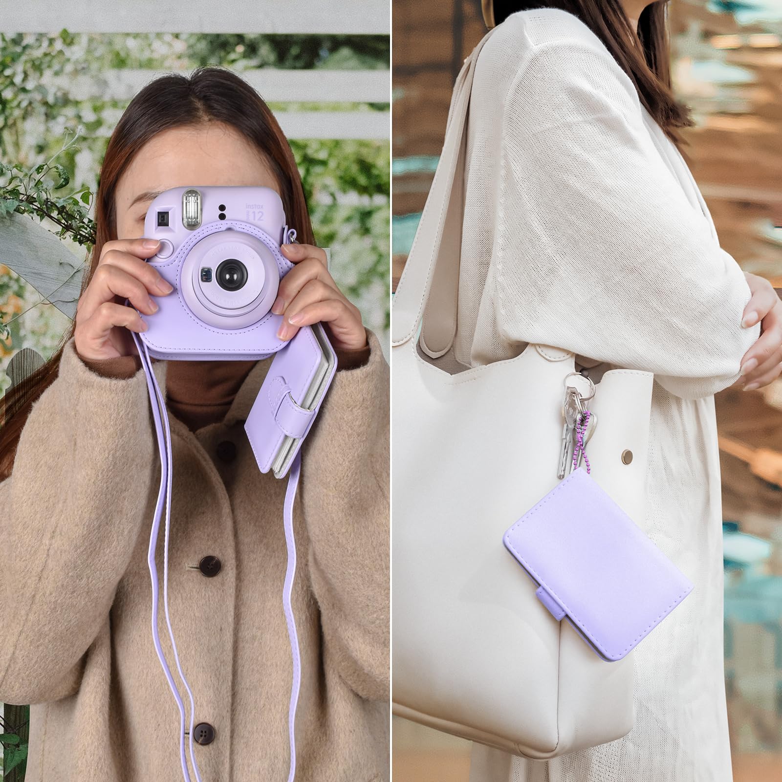 Estuche para cámara instantánea Compatible con Instax Mini 12, Bolsa de Cuero PU con Bolsillo, Correa Ajustable para el Hombro y Mini álbum de Fotos con 28 Bolsillos (Morada Puro)