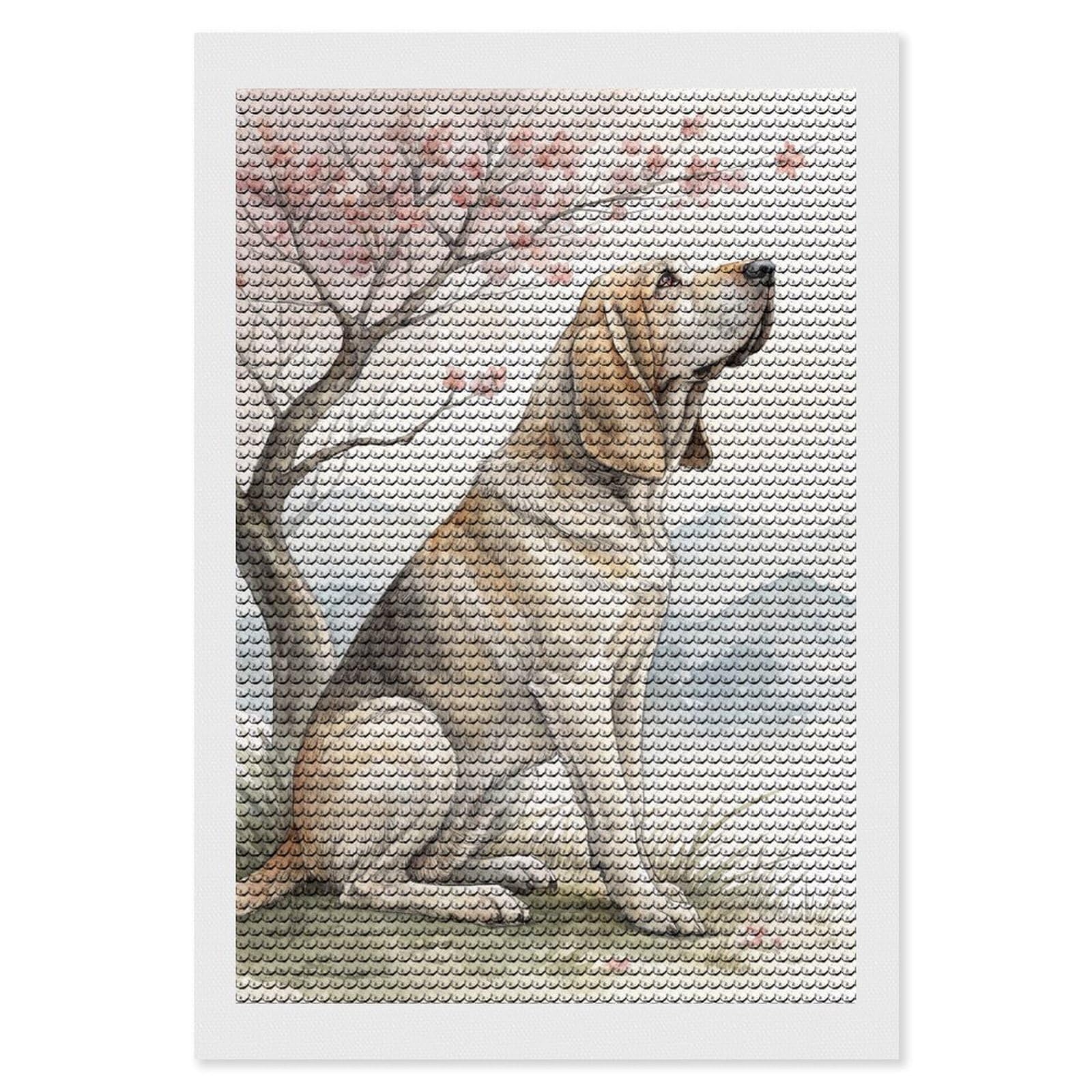 Junmoney Bloodhound Under A Cherry Blossom Tree Diamond Art Canvas 8"x12", Easy Handmade Project, Complete Accessories, Bedroom Decor, Birthday Gift