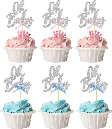 Miniatura 1 de 24 piezas Oh Baby Cupcake Toppers Glitter Baby Shower Cupcake Picks con lazo rosa azul para revelación de género Baby Shower Niños Niñas Fiesta de