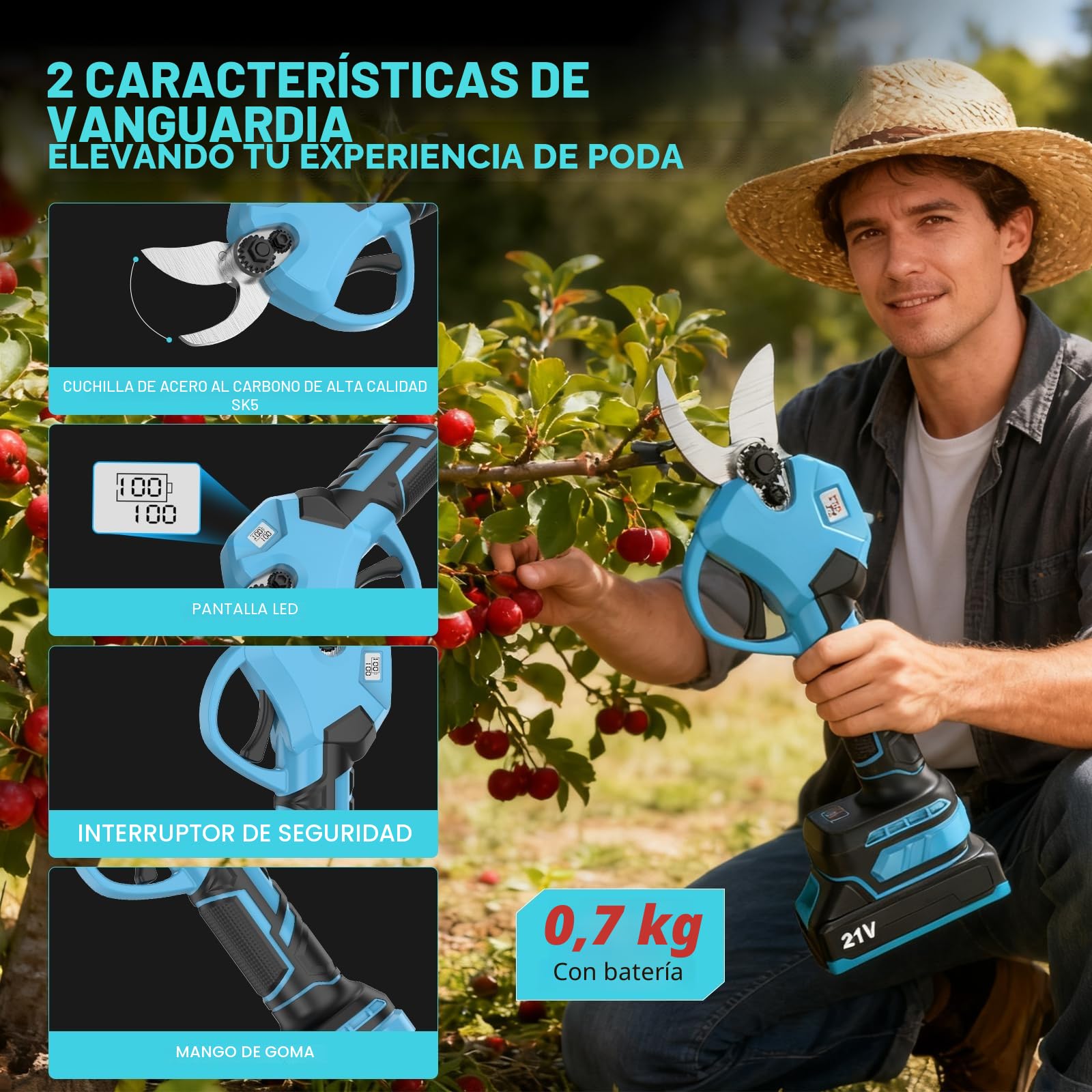 Tijeras de Podar Electricas, 40mm Tijeras de Podar a Bateria, 2 baterias de 21V, Pantalla LED, Motor sin Escobillas, 2 Cuchillas SK5, Podadora electrica para jardines, árboles frutales y robles