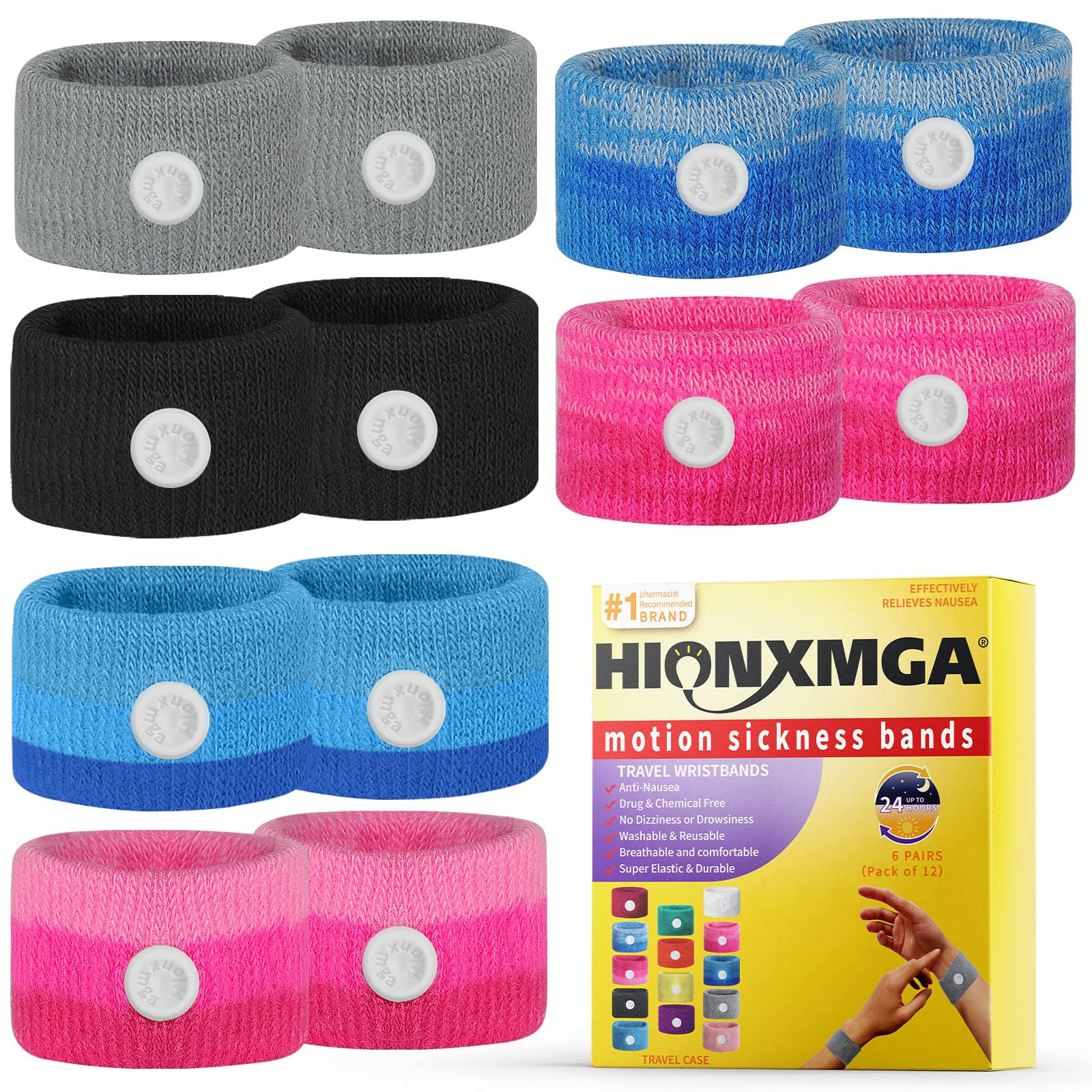 HIONXMGA 6 Pairs Motion Sickness Bands – Anti Nausea Acupressure Wristbands