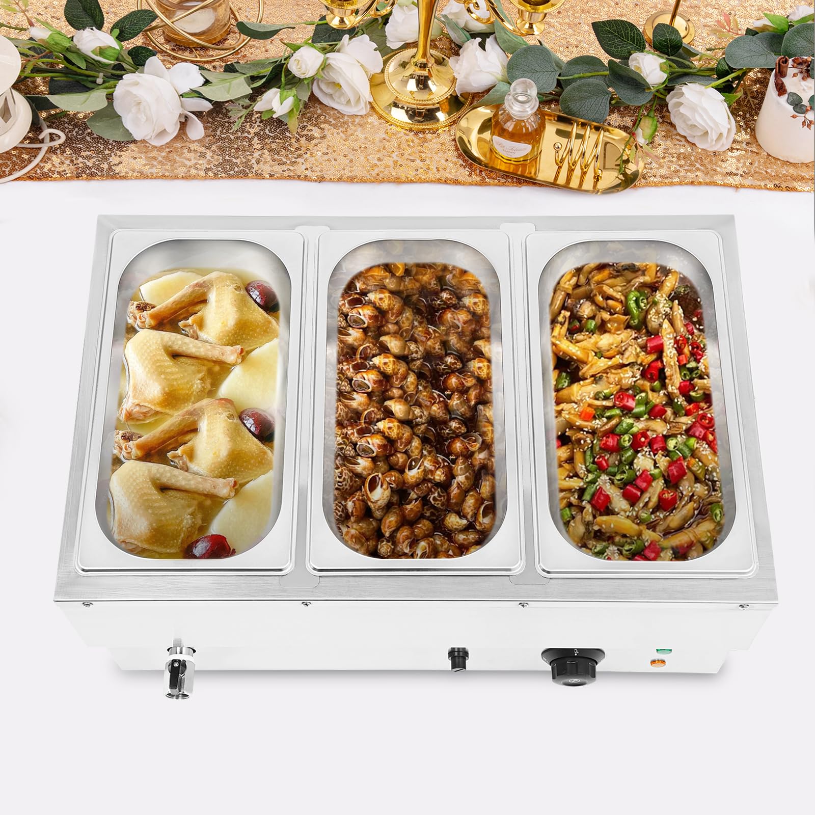 Bain Marie - Scaldavivande a bagnomaria GN 1/3 × 3, in acciaio inox | 30-110 °C, contenitore commerciale per buffet con valvola di scarico, per bagno d'acqua, per casa e ristoranti
