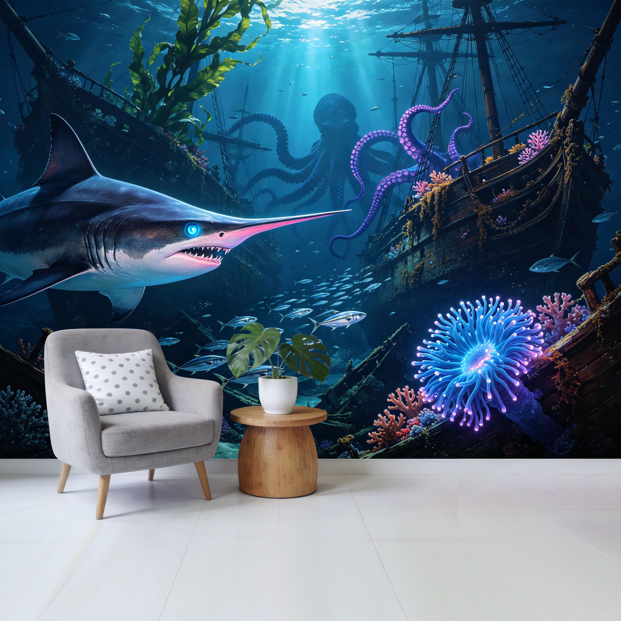 Custom Size Wall Mural Underwater Shark Shipwreck Giant Octopus Marine 3D Removable Self Adhesive Fabric Home Wall Decor for Living Room Bedroom Bathroom