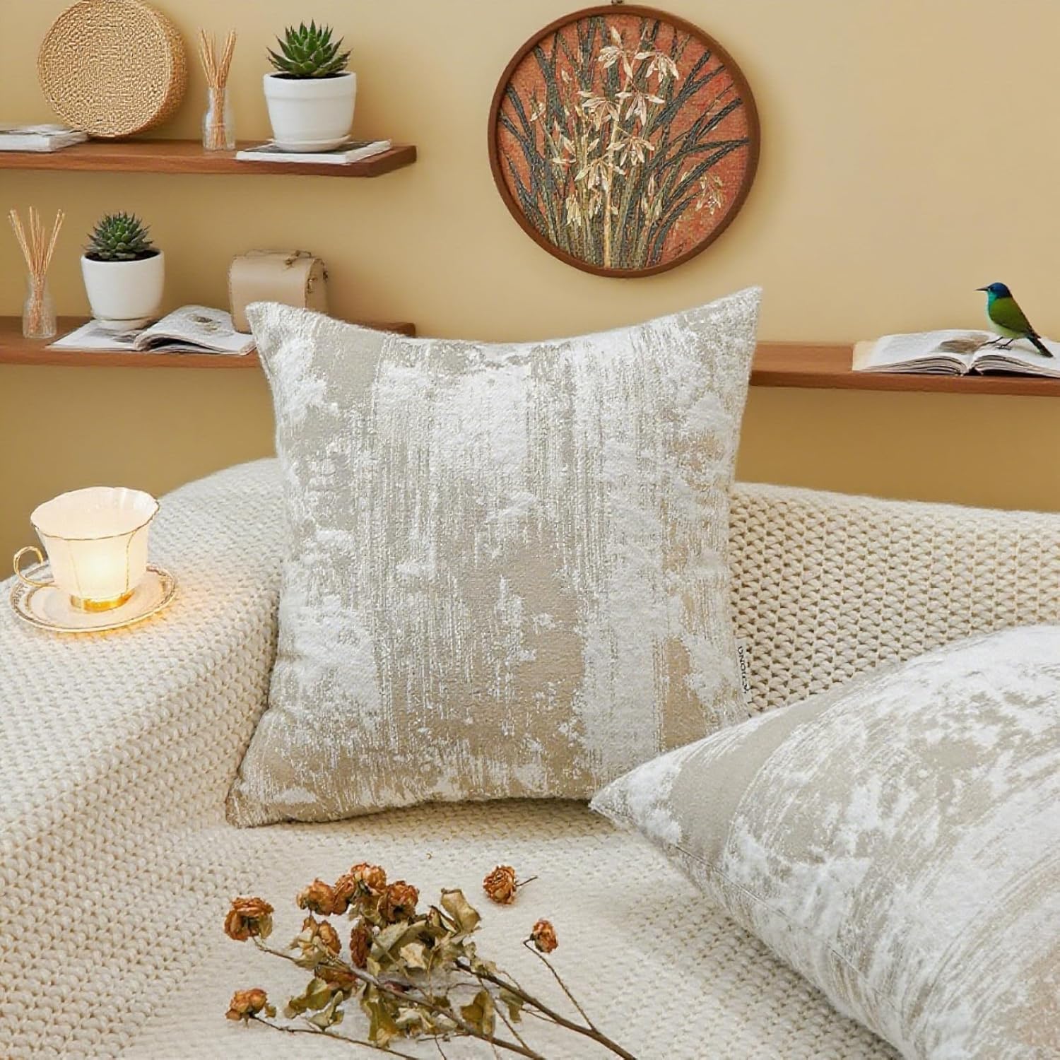 Beige Throw Pillow Covers 18x18 Inch Set of 2, Decorative Soft Plush Neutral Couch Pillow Covers Cushion Cases for Sofa Bedroom Living Room Mid Century Modern Home Decor