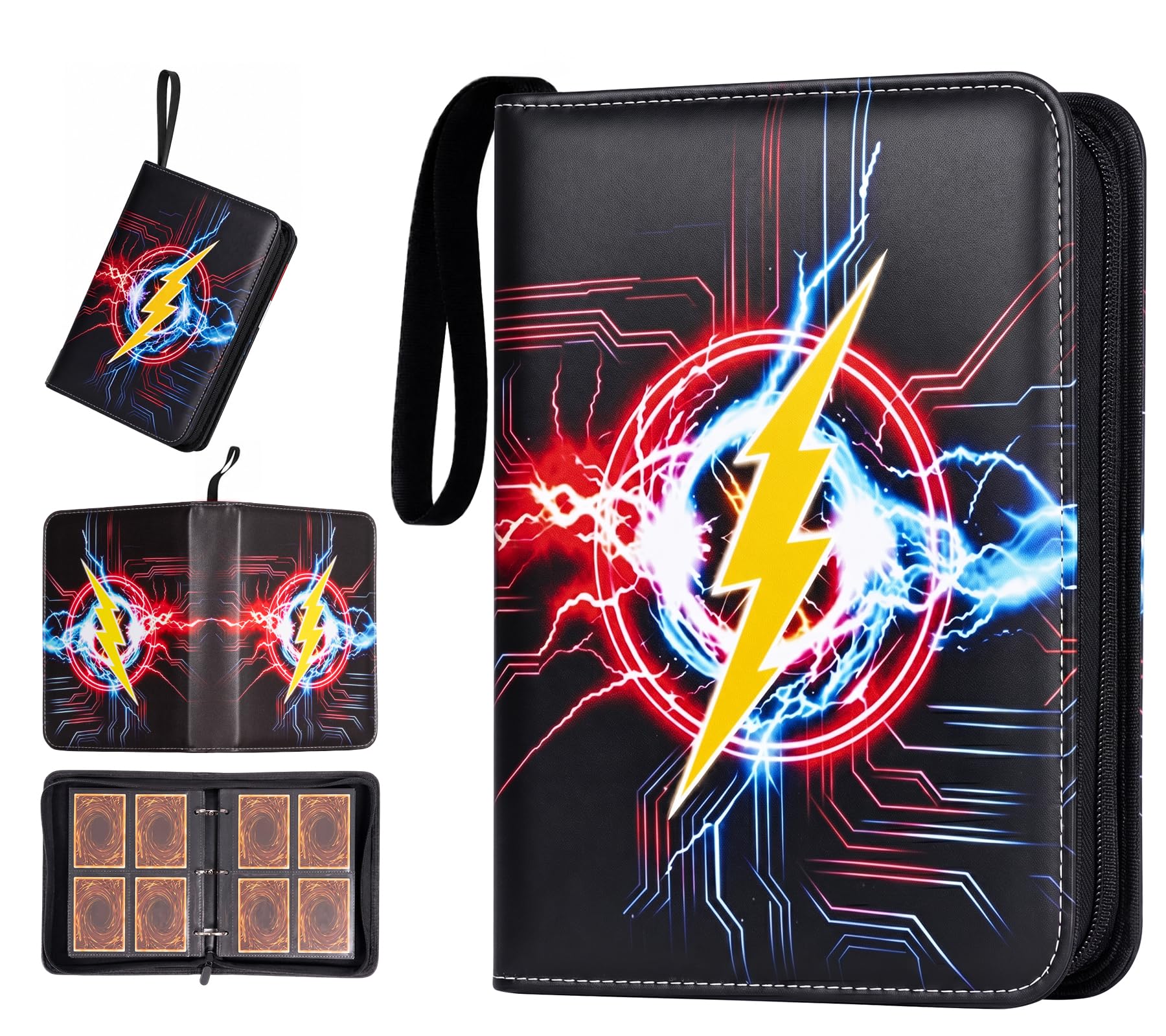 4 Pocket Card Binder, 400 Pockets Card Collection Book with 50 Removable Sleeves, 3-Ring PU Leather Trading Card Album for Game & Sports Cards - Portable Zipper Binder for Boys Kids