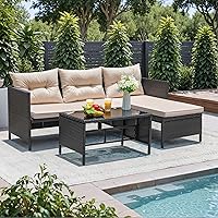 Greesum 3-Piece Outdoor Wicker Rattan Sectional Sofa Set with Cushions & Glass Coffee Table - Light Beige for Patio, Yard, Poolside
