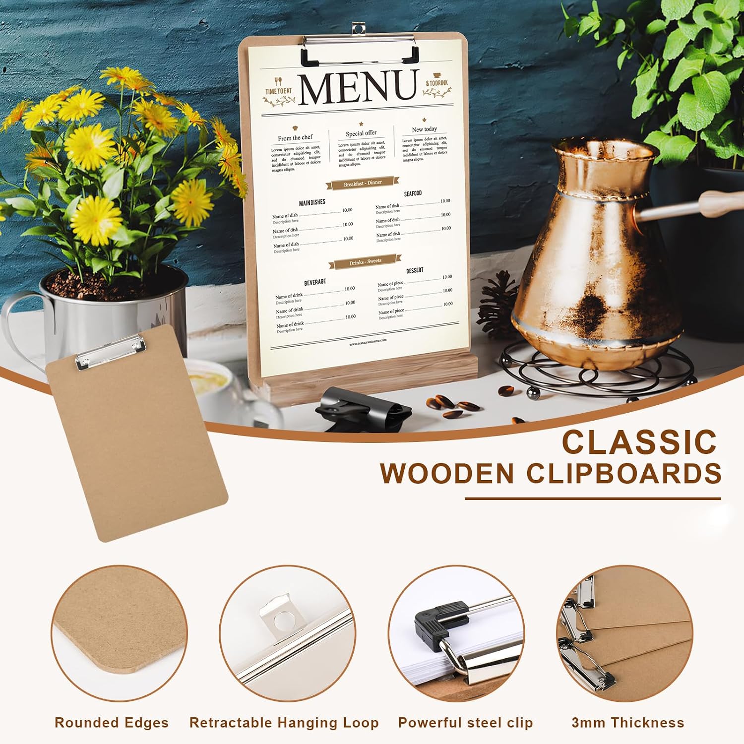 2 Pack Hardboard Office Clipboard, Letter-Size Clipboard with Low Profile Clip, Classic Clip Boards, 9" x 12.5" Wood Clipboards for Office, School, Hospital Supplies, Brown image 2