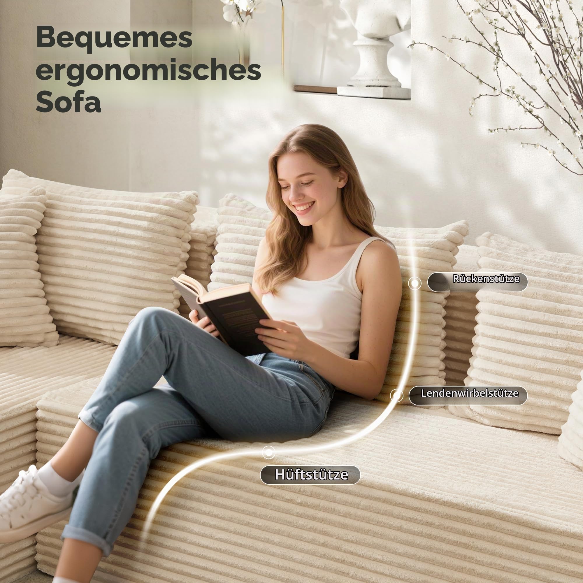 GarveeHome Gemütliches Cloud Ecksofa – 106" Modulares L-förmiges Sofa für Wohnzimmer – Tiefe Sitzfläche, Boneless Design, linksseitige Chaise, Cord-Stoff, 5 Kissen, kein Aufbau nötig – Beige