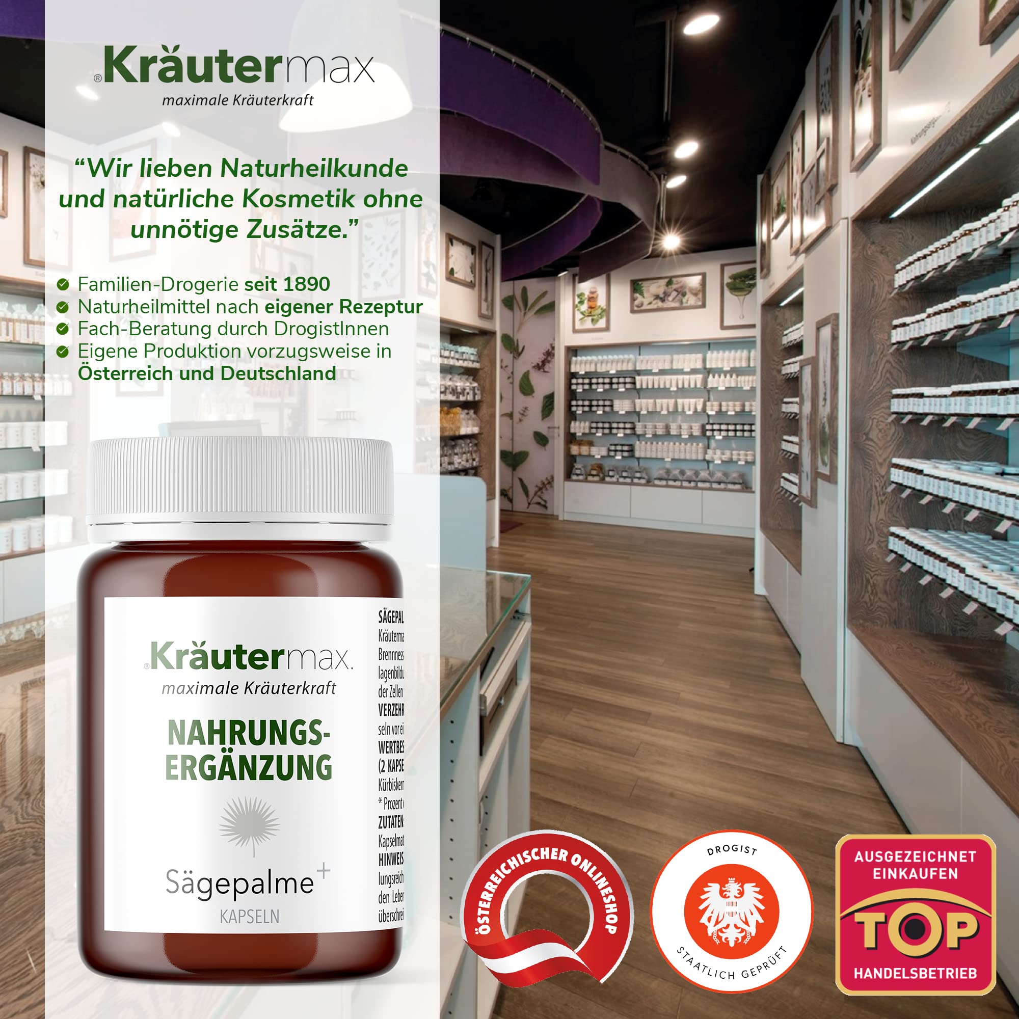 Kräutermax Sägepalme Kapseln mit Brennessel und Kürbiskern Extrakt Hochdosiert + Vitamin C - Saw Palmetto - 60 Kapseln