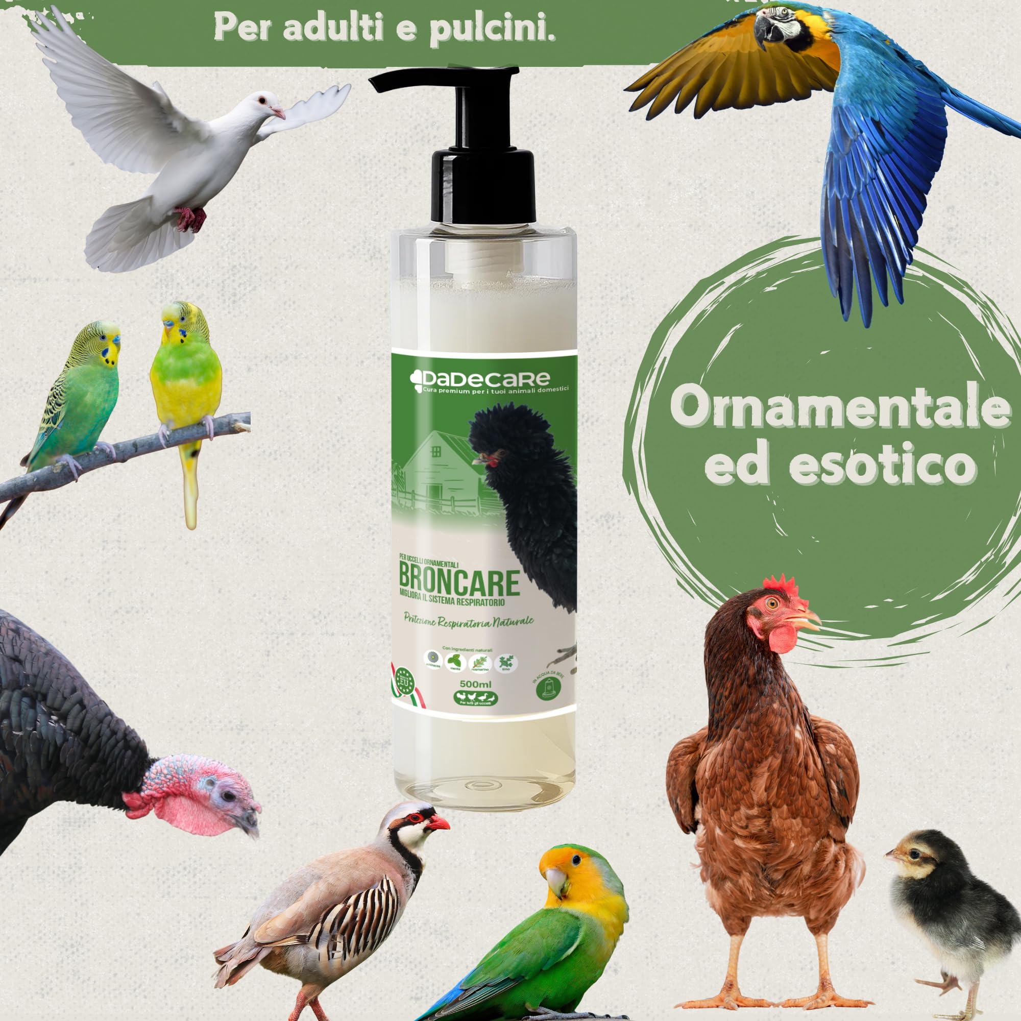 Bronzo Respiratorio 500 ml con ADEC - Galline, Pollame ed Esotici - Oli Essenziali, Rinforzo Immunologico e Respiratorio - Echinacea, Menta, Timo e Rosmarino