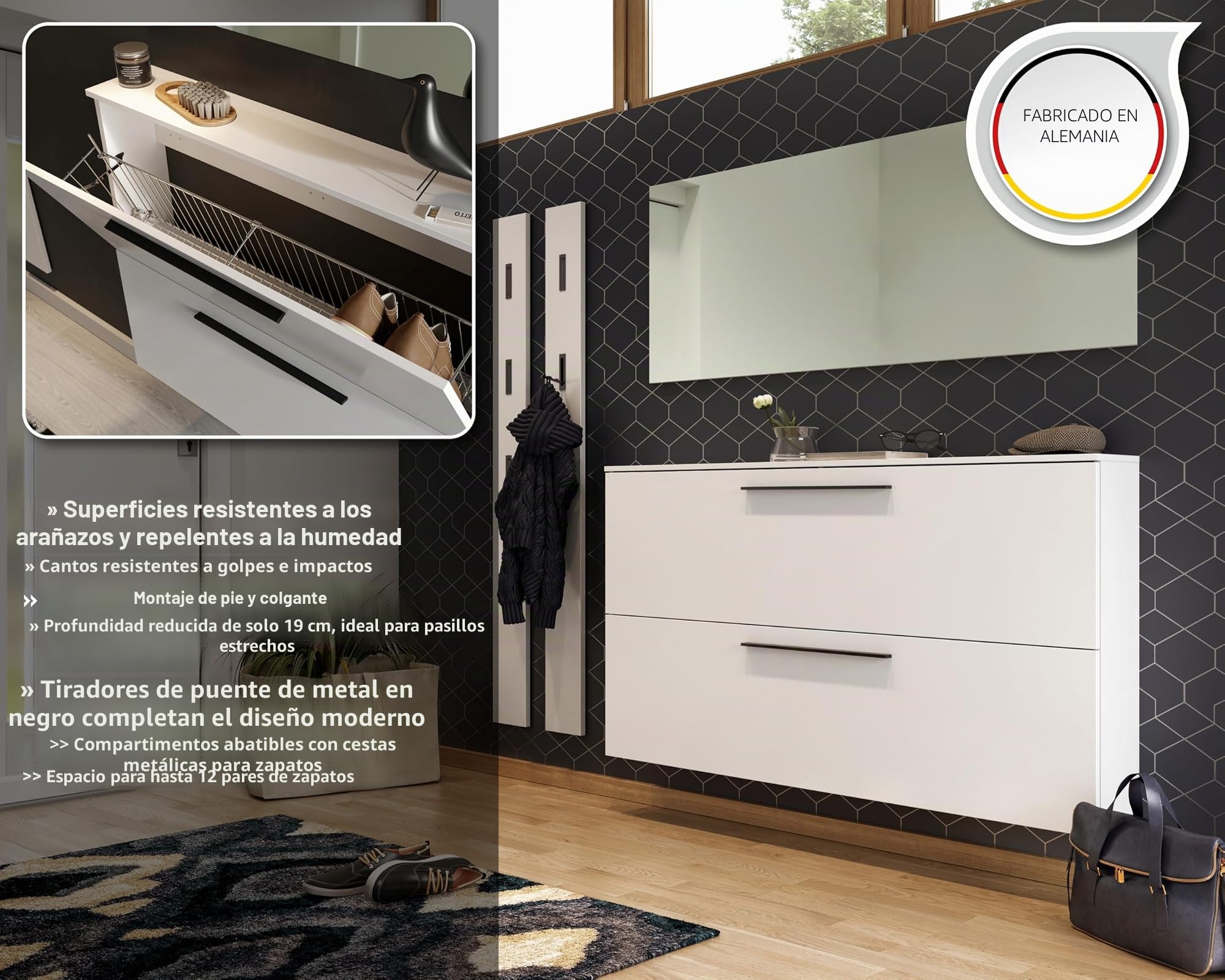 Germania Armario Zapatero 2576-84 GW-Utah, en Blanco, con Espacio para 12 Pares de Zapatos, Poca Profundidad, Ideal para pasillos Estrechos, 140 x 85 x 19 cm (Ancho x Alto x Fondo)