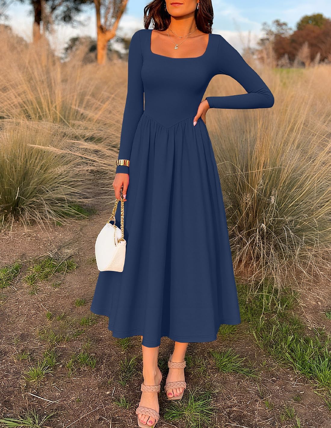 ZESICA Spring Dresses for Women 2026 Elegant Classy Square Neck Long Sleeve Flowy Wedding Guest Party Midi Dress - Image 5
