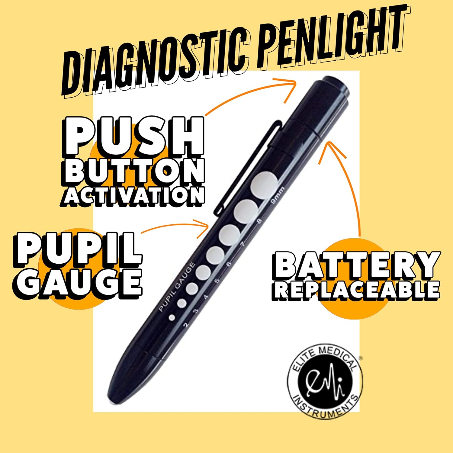2 Pack - 2 EMI Black Diagnostic Aluminum LED Pupil Gauge Click Penlights Pen Light for Nurses, Reusable Medical Light with Pupil Gauge, Soft White Light LED Penlight for Student Doctors EMT
