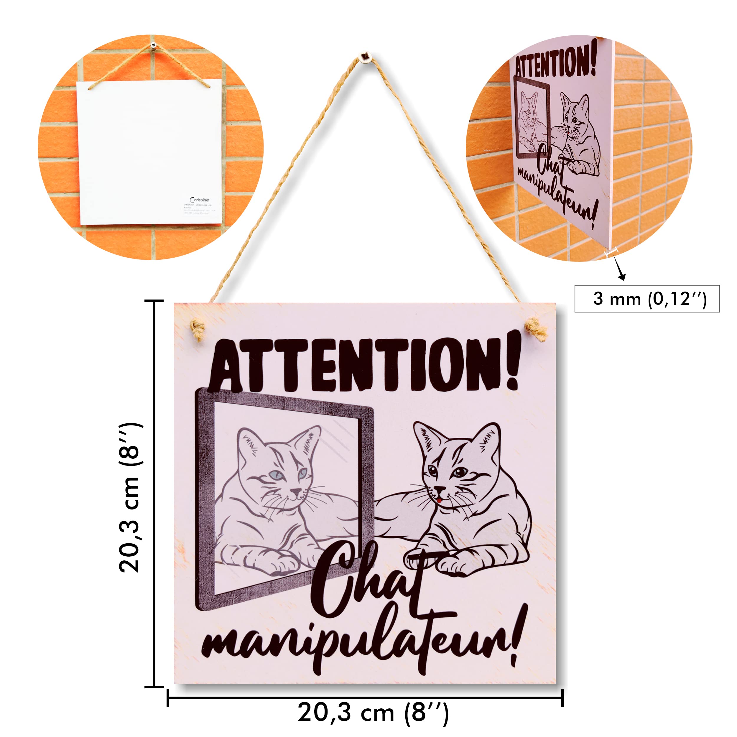 CARISPIBET Targa Decorativa 'Attenzione! Gatto Manipolatore!' - 20x20 Cm - Piatto In Metallo Per Proprietari Di Gatti - Umorismo Portoghese