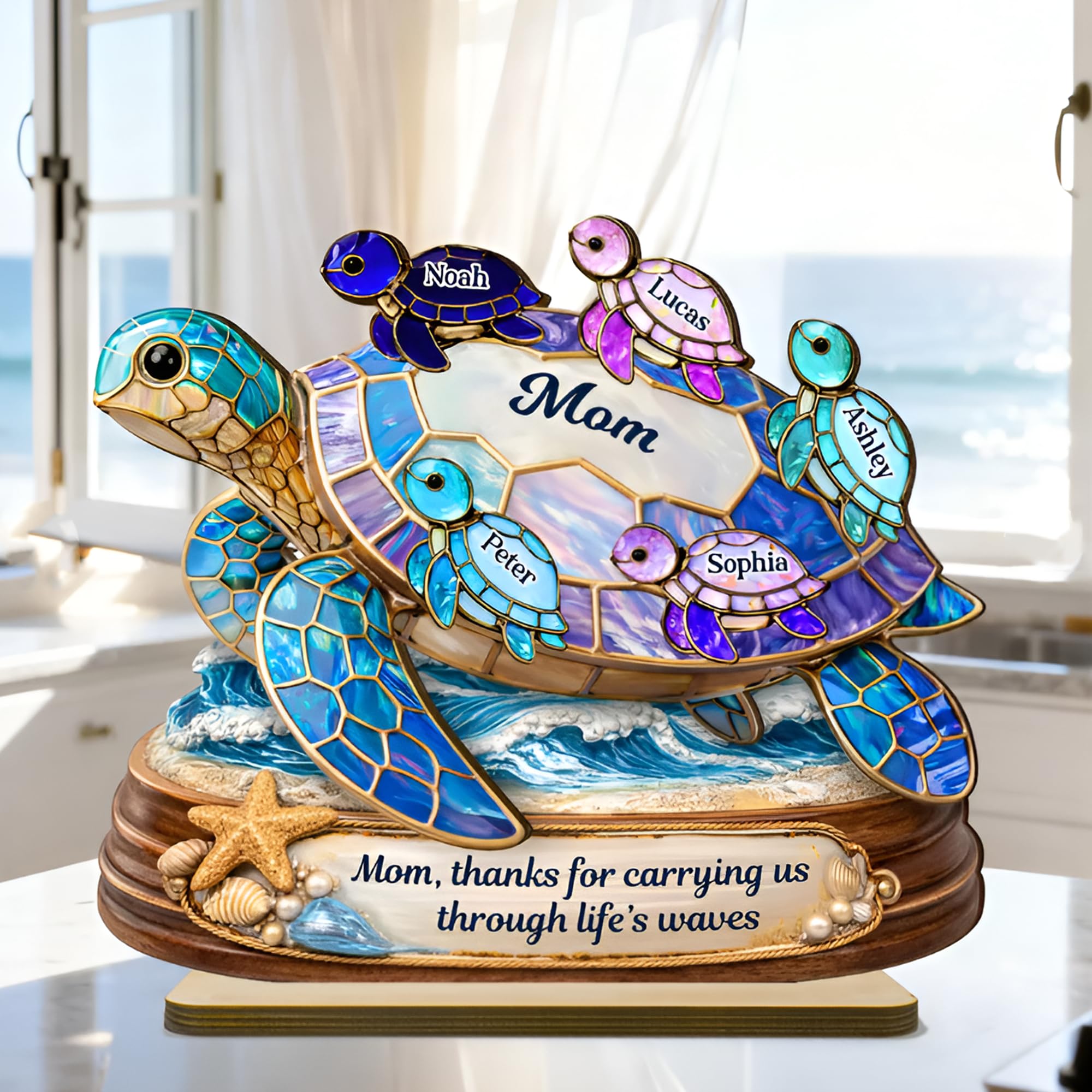 Personalized Mom And Kid's Name Wooden Plaque, Thanks For Carrying Us Through Life's Waves Wooden Sign, Gifts For Mothers Day, Birthday, Christmas, Mom Keepsake Decor Style 1 - 2