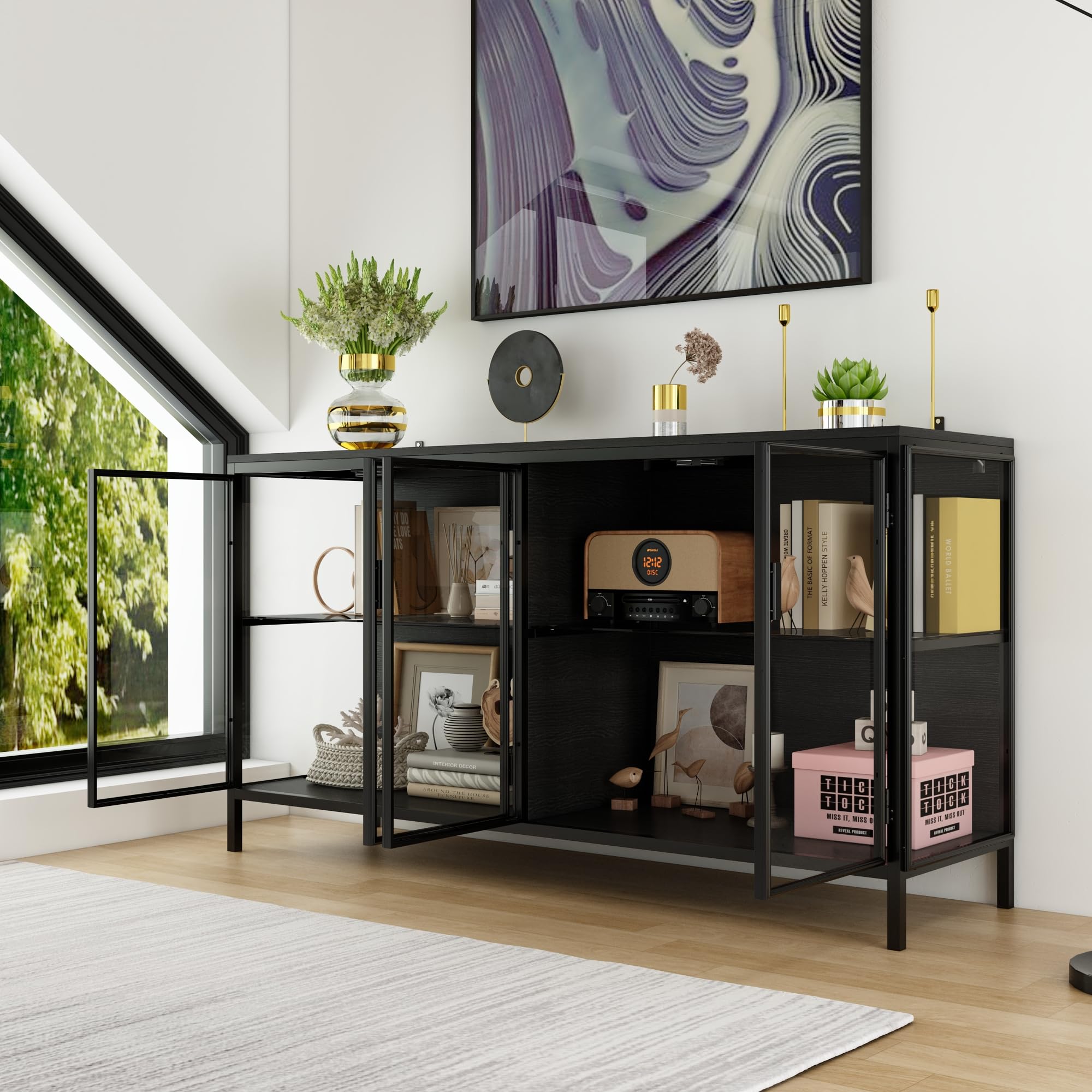 Vetrina credenza in vetro, credenza in vetro a 2 ante con telaio in ferro, vetrina in vetro con strisce luminose a 3 colori, 40 x 140 x 75 cm, nero