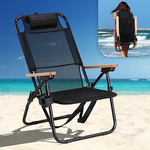 VINGLI Textilene - Silla de playa ligera con 3 posiciones, portavasos, silla de playa plegable para adultos, sillas de camping al aire libre