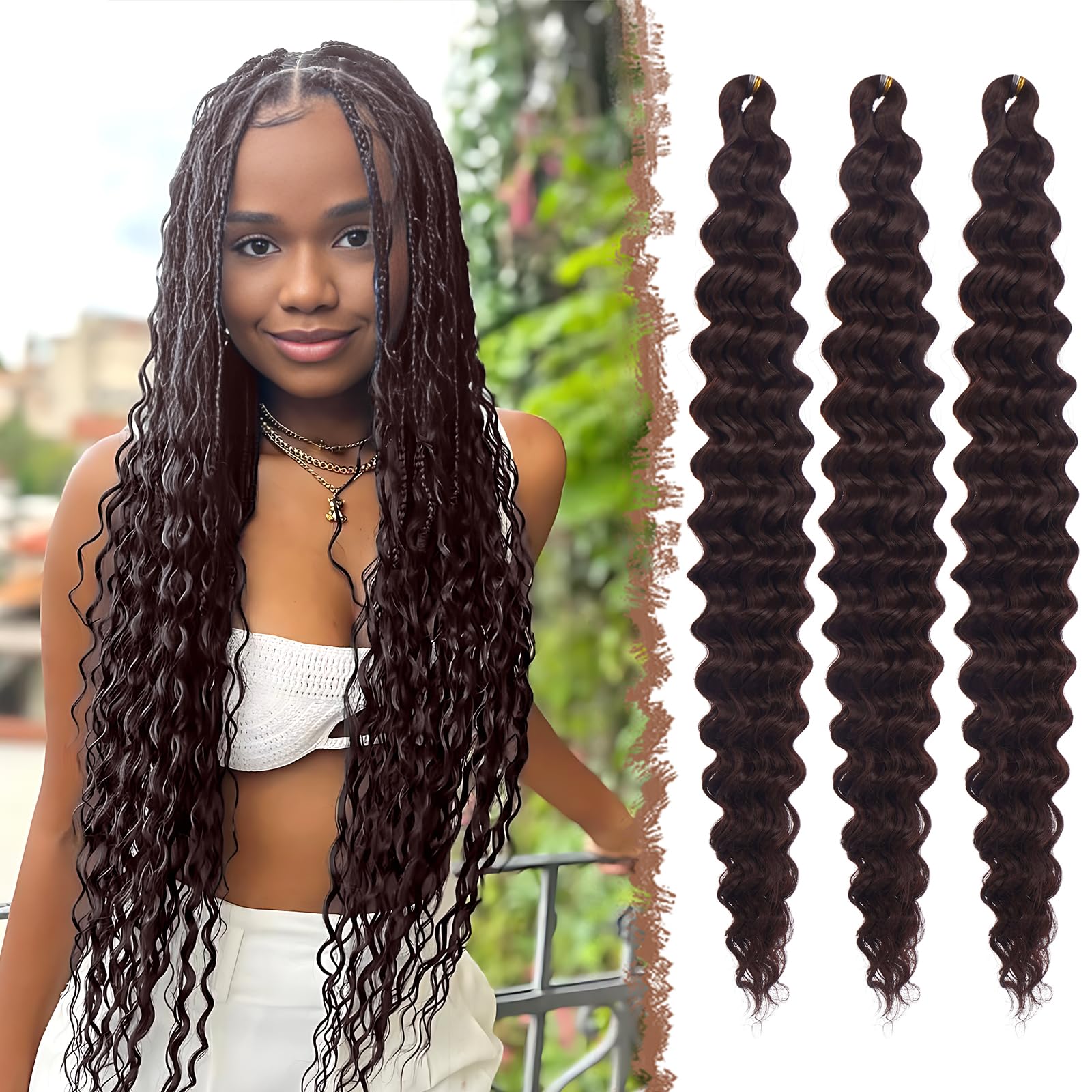 FESHFEN Ocean Wave Crochet Hair extension - 3 Pezzi Estensioni Capelli per Treccine a Onde Sintetici Ondulati Braiding Trecce Boho Posticci Extensions per Donne, 55 cm Castano