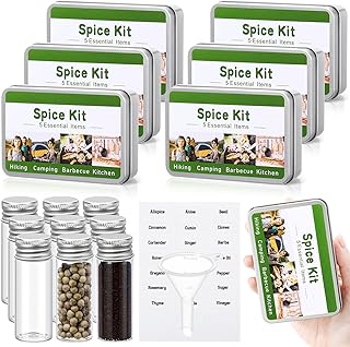 6 Sets Mini Camping Spice Kit with 4 Herb Spice Jar Mini Condiment Bottle Labels Sticker Funnel Metal Portable Seasoning Container for Travel Camping Kitchen Outdoor Picnic BBQ