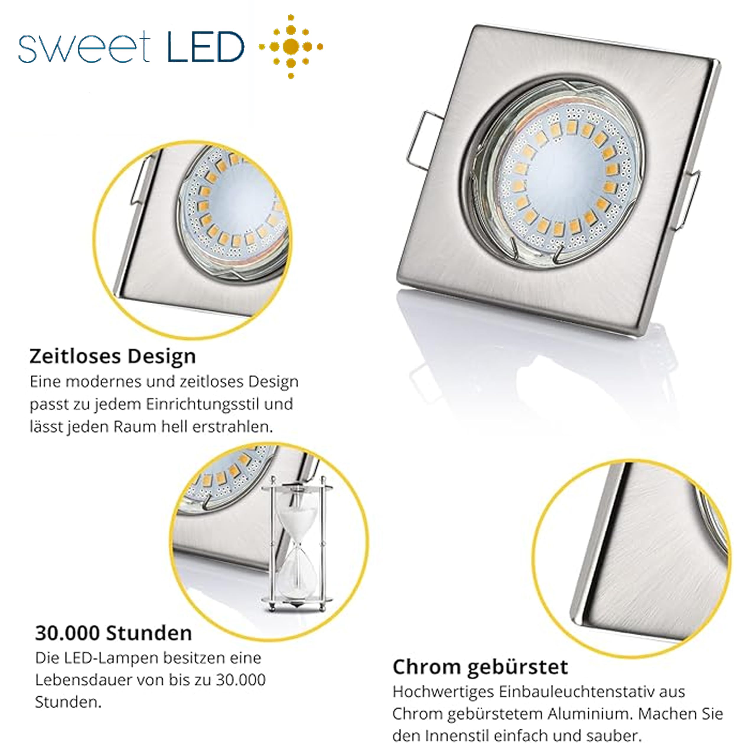Sweet Led 10er SET Einbaustrahler GU10 Fassung 5W 450 Lumen IP20 LED Einbauleuchten Deckenstrahler Möbelleuchten downlight Spot eckig kaltweiß chrom gebürstet Sparpack