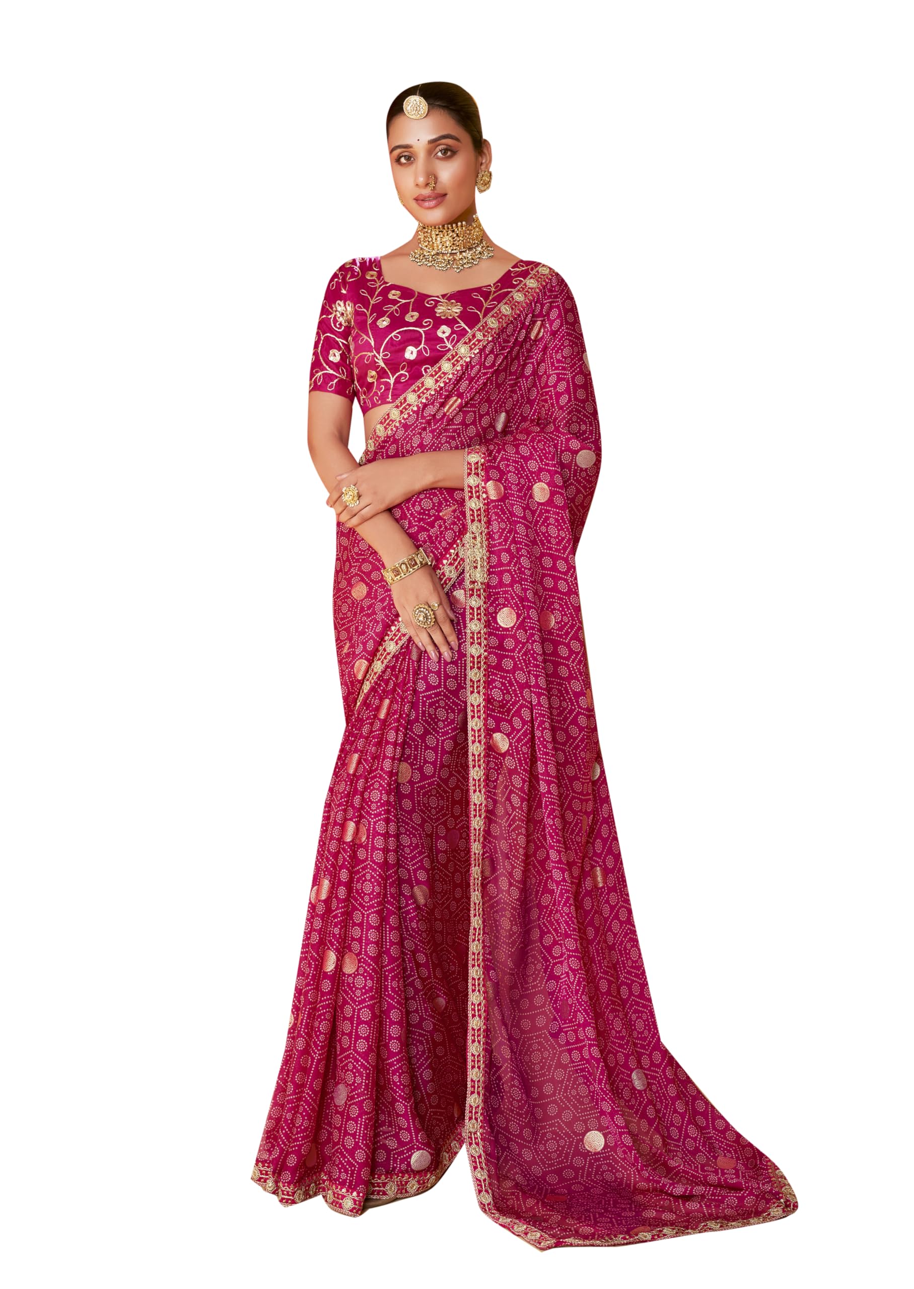 Elina fashionWomen's Indian Ethnic Moss Chiffon Foil Print Saree with Unstitched Blouse Gift For her