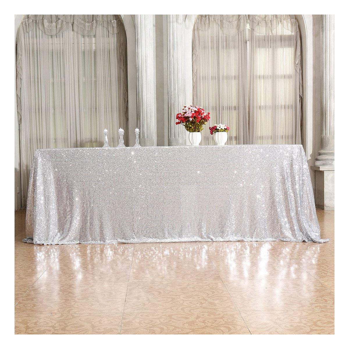 Poise3EHome50×80'' Rectangle Silver Sequin Tablecloth for Party Cake Dessert Table Exhibition Events, Silvery