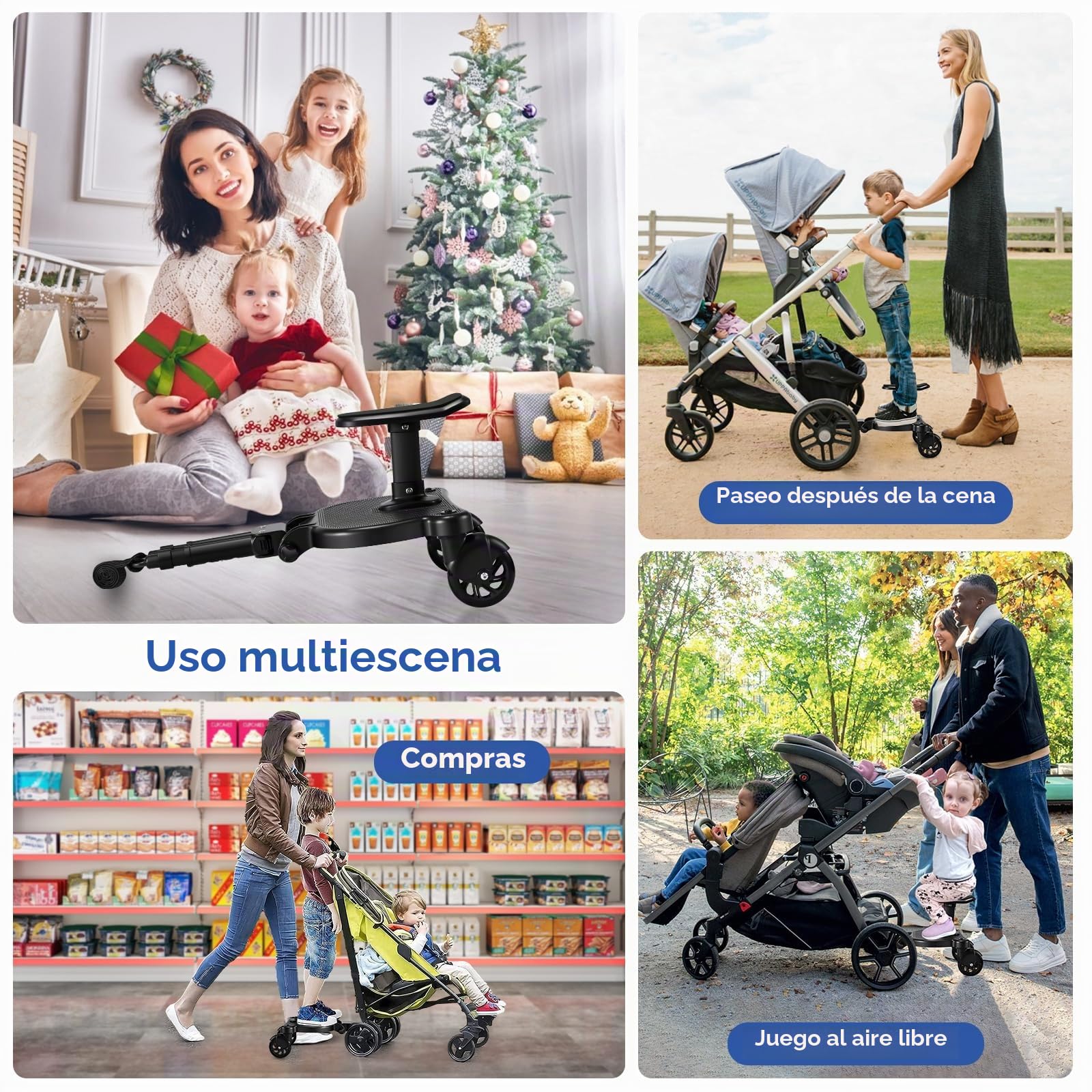 Patin Carro Bebe Universal con Asiento,Buggy Board para niños con bolsa,Diseño estable de dos ruedas, con correa de suspensión,Accesorio para cochecito para niños de 2 a 6 años (25 kg),negro