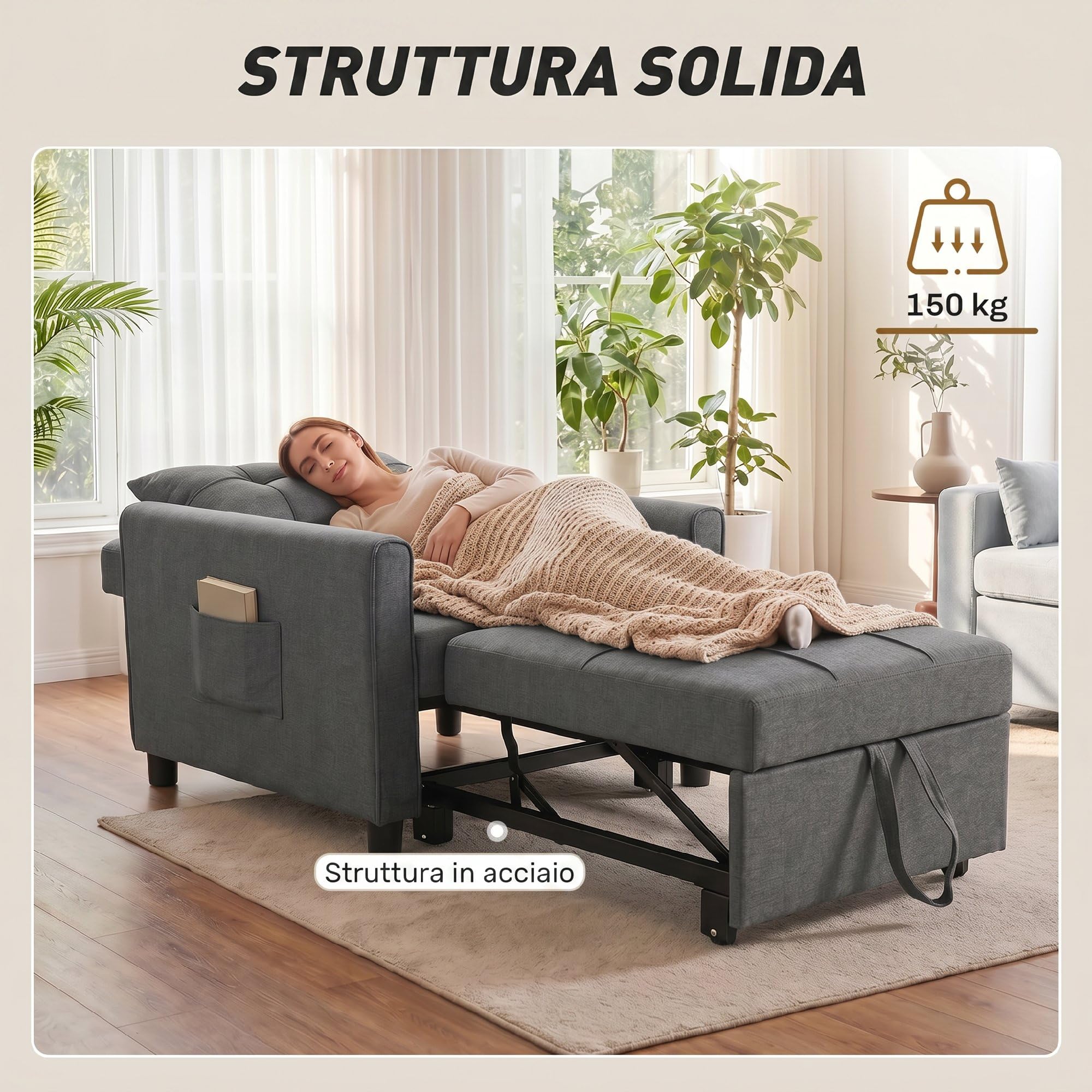 HOMCOM Poltrona Letto Singolo 3 in 1 Pieghevole, Schienale Regolabile 3 Posizioni, Cuscino, Divano Letto Imbottito Salvaspazio in Tessuto Effetto Lino e Legno con Ruote, Tasche, 69x82x85cm, Grigio