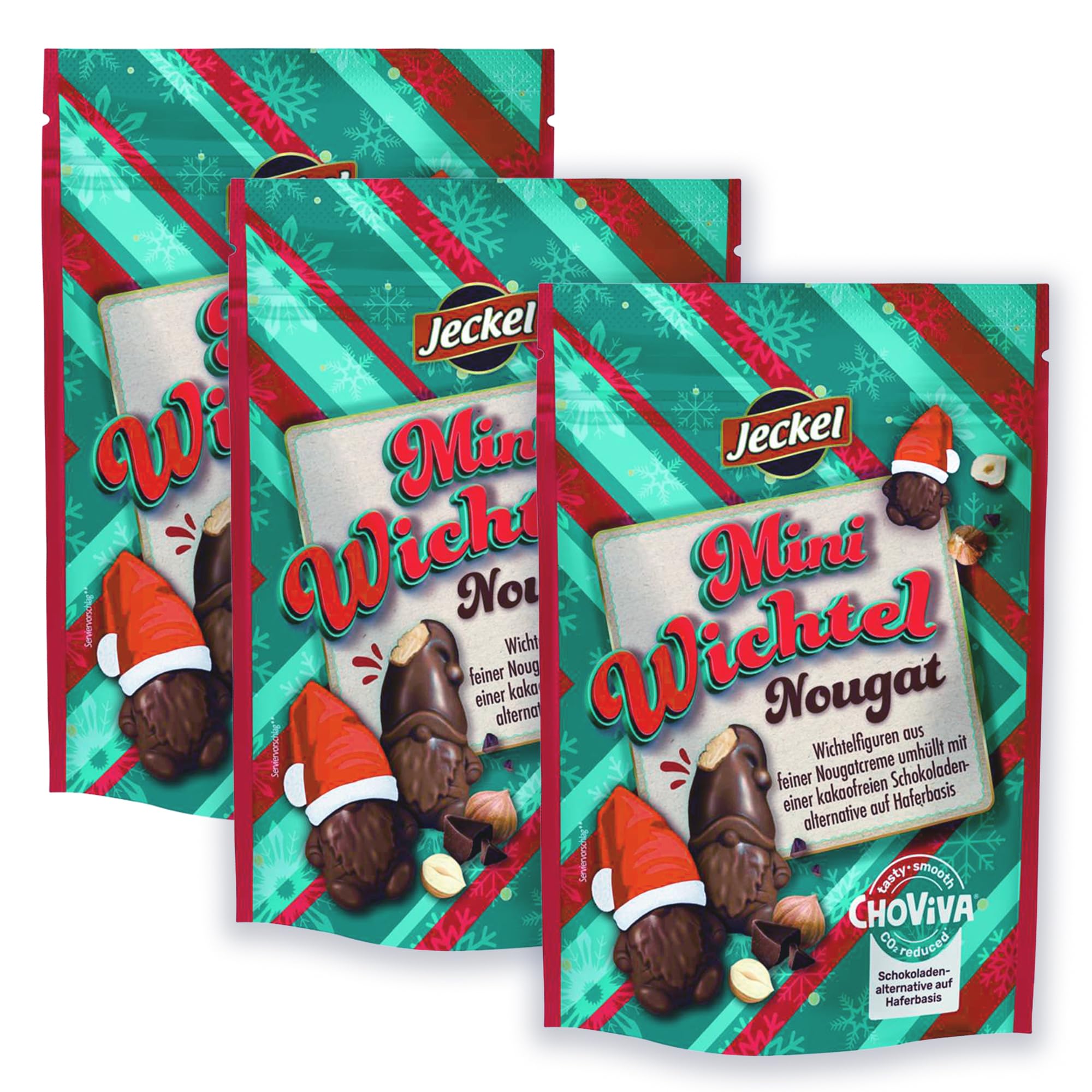 Jeckel Mini Wichtel Nougat ChoViva 3 x 100g – kakaofreie Schokoladenalternative auf Haferbasis mit Haselnuss-Nougat gefüllt – weihnachtlicher Snack aus ChoViva Schokolade zum Wichteln