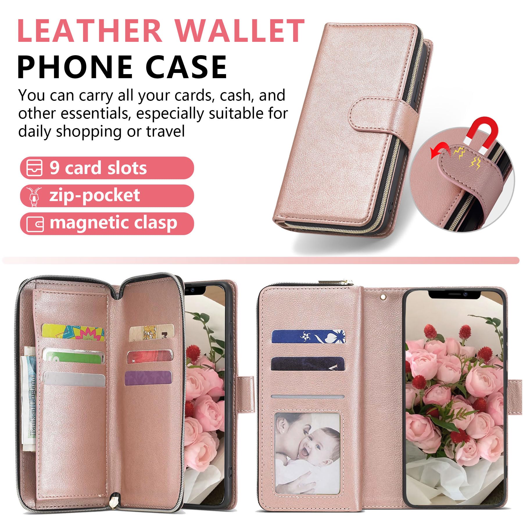Custodia Portafoglio Per IPhone 13 Pro Max 6.7", Con 7 Slot Per Carte E Cerniera, Cover Con Magnete E Supporto, Inclusa Pellicola In Vetro Temperato, Colore Glitter