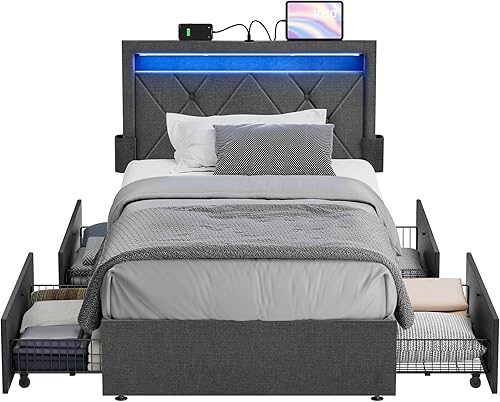 VASAGLE Base de cama LED tamaño individual, cama individual con cabecera y 4 cajones, 1 puerto USB y 1 puerto tipo C, cabecera tapizada ajustable de