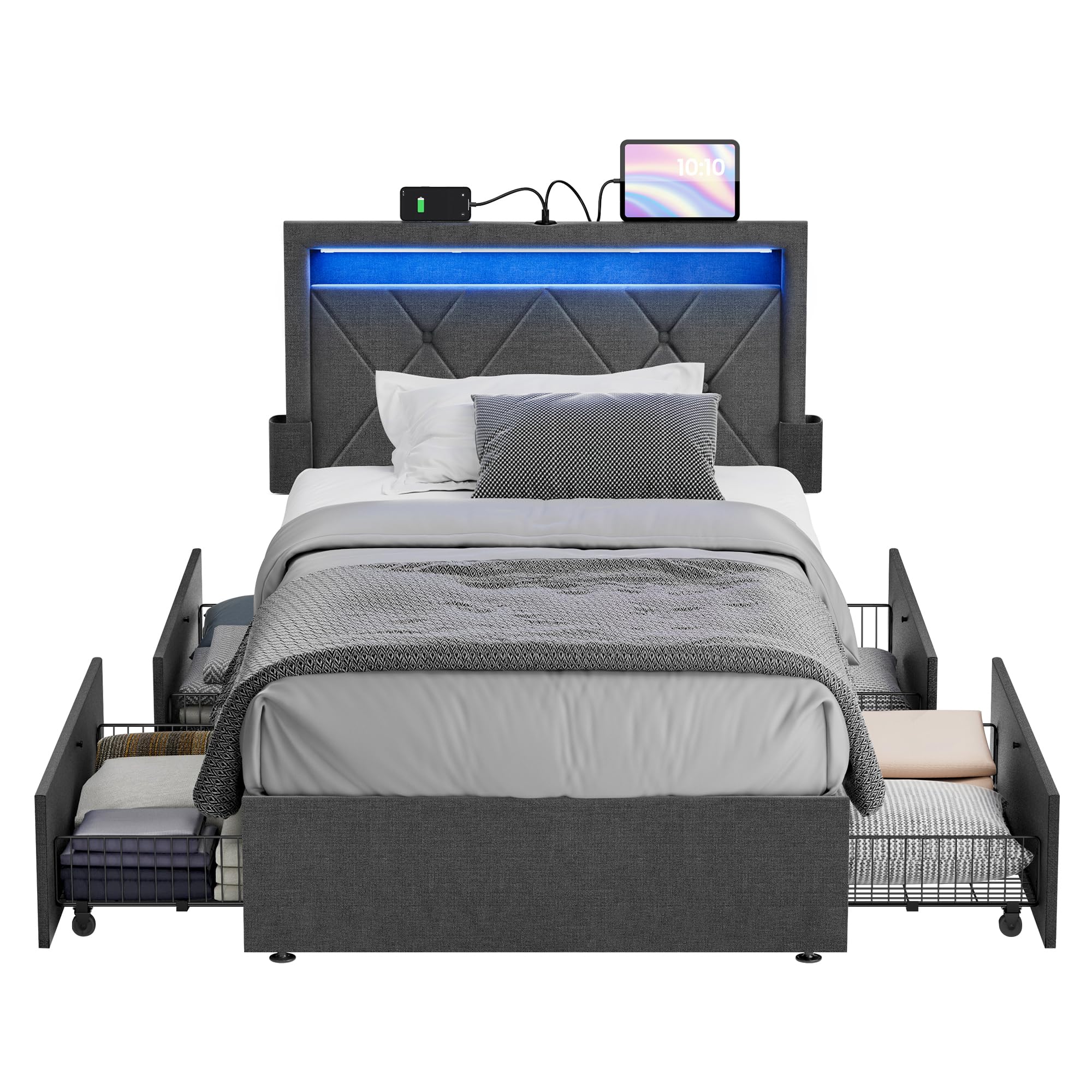 VASAGLE LED Bed Frame Twin Size with Headboard and 4 Drawers, 1 USB Port and 1 Type C Port, Adjustable Upholstered Headboard, No Box Spring Needed, Grey URMB823G71