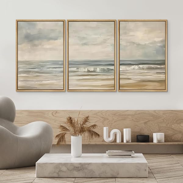 SIGNWIN Framed Canvas Print Wall Art Set Coastal Serenity Abstract Seaside Illustrations Modern Art Decorative Rustic Calm/Zen for Living Room, Bedroom, Office - 24"x36"x3 Natural - 4