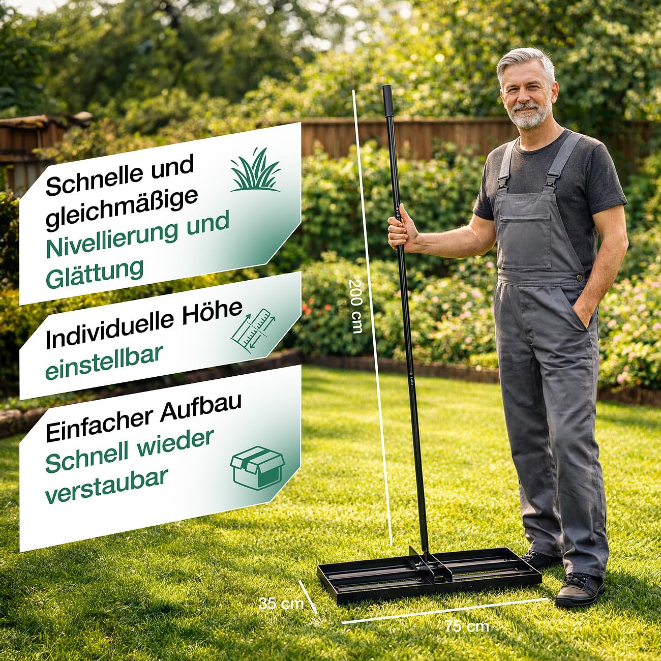 Royal Gardineer Rakel: Rasenrakel/Nivellierrechen, 75x35cm, inkl. 2 Meter langem Metallstiel (Garten-Nivellierharke, Rasennivellierwerkzeug)