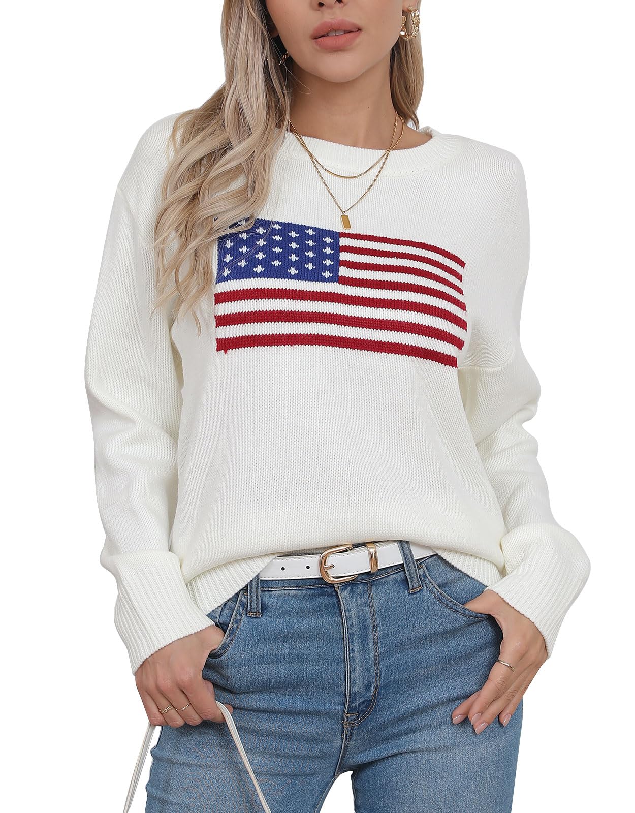 Women's American Flag Pullover Sweaters Long Sleeve Crew Neck Summer Ligthweight Sweater Apricot Medium