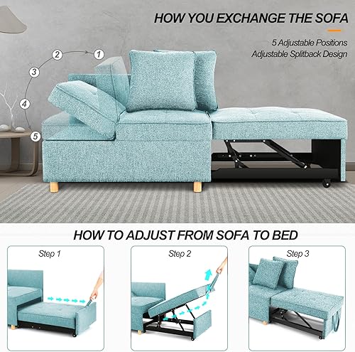 Miniatura 5 de SEJOV Sofá cama, sofá otomano convertible 4 en 1, moderno sofá futón de línea azul con 2 almohadas, respaldo y reposabrazos ajustables, sofá biplaza