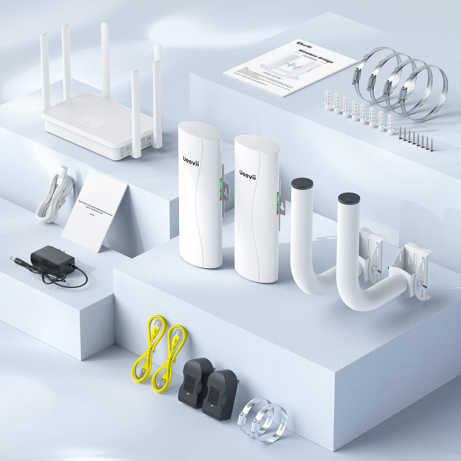 Système de Pont sans Fil avec portée de 5 km, connecteurs Double Gigabit, Alimentation PoE, routeur WiFi AX3000 et Supports d'installation réglables, kit Complet pour ponts sans Fil Point à Point